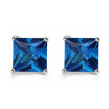 Earrings - Sterling Silver Rhodium Plated Blue Sapphire Cubic Zirconia Princess Cut Studs (5mm)
