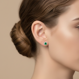 925 Sterling Silver Post Stud Earrings 18K White Gold Plated Emerald CZ Round Cut Halo (8.5mm)