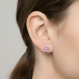 925 Sterling Silver Post Stud Earrings 18K White Gold Plated Pink CZ Princess Cut (8mm)