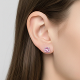 925 Sterling Silver Post Stud Earrings 18K White Gold Plated Pink CZ Round Solitaire (8mm)