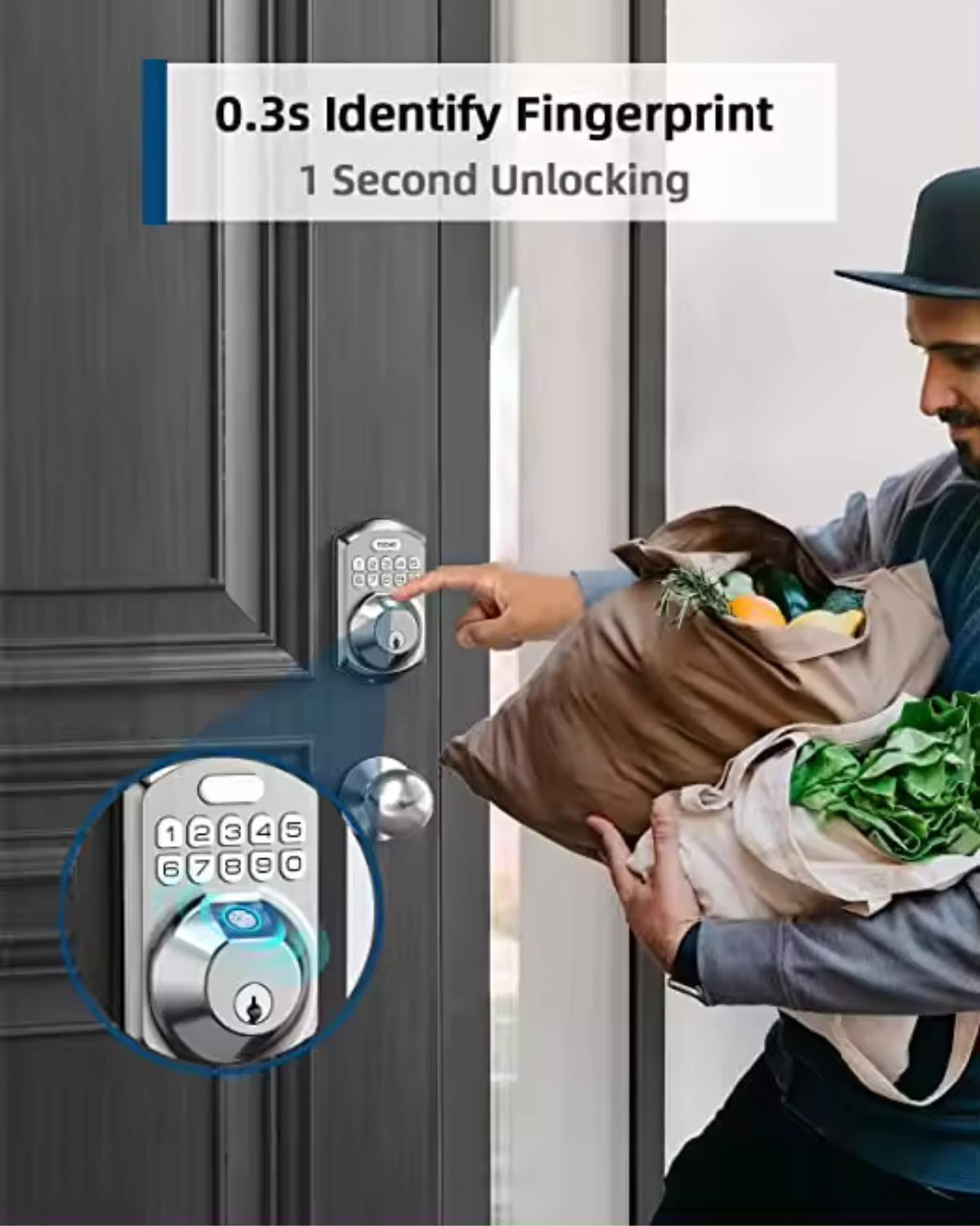 Keyless Entry Door Lock, Keypad Deadbolt Lock, Fingerprint Smart Lock for Front Door, Auto Lock and Easy Installation