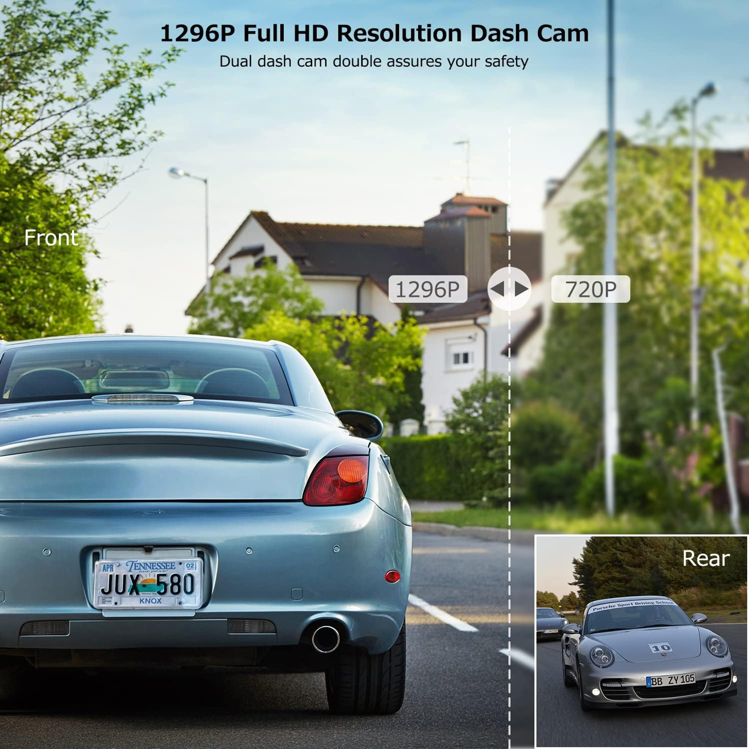 1296P Dual Dash Cam Front and Rear, Waterproof Backup Camera, 32G SD Card, Night Vision WDR G-Sensor Parking Monitor Loop Recording