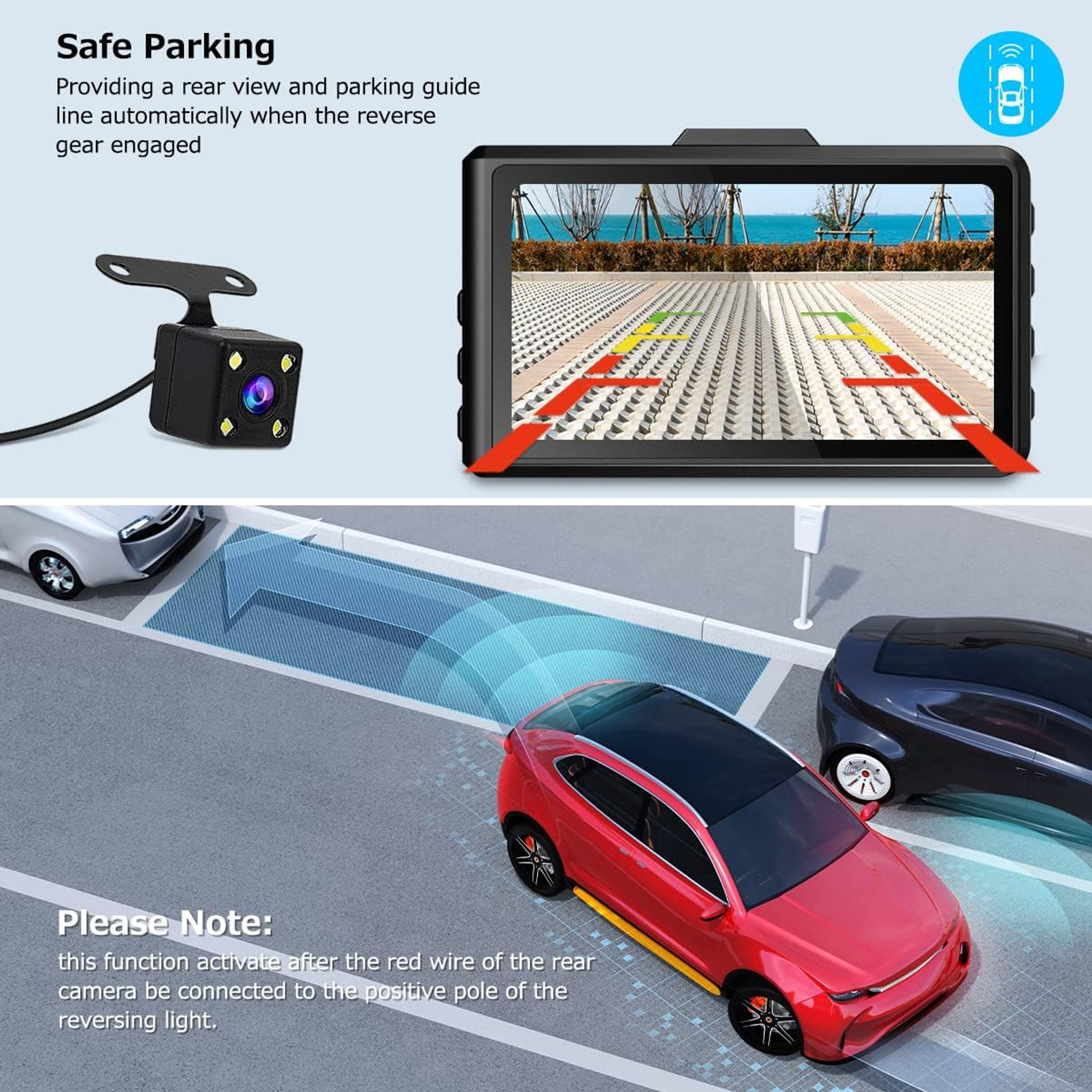 1296P Dual Dash Cam Front and Rear, Waterproof Backup Camera, 32G SD Card, Night Vision WDR G-Sensor Parking Monitor Loop Recording