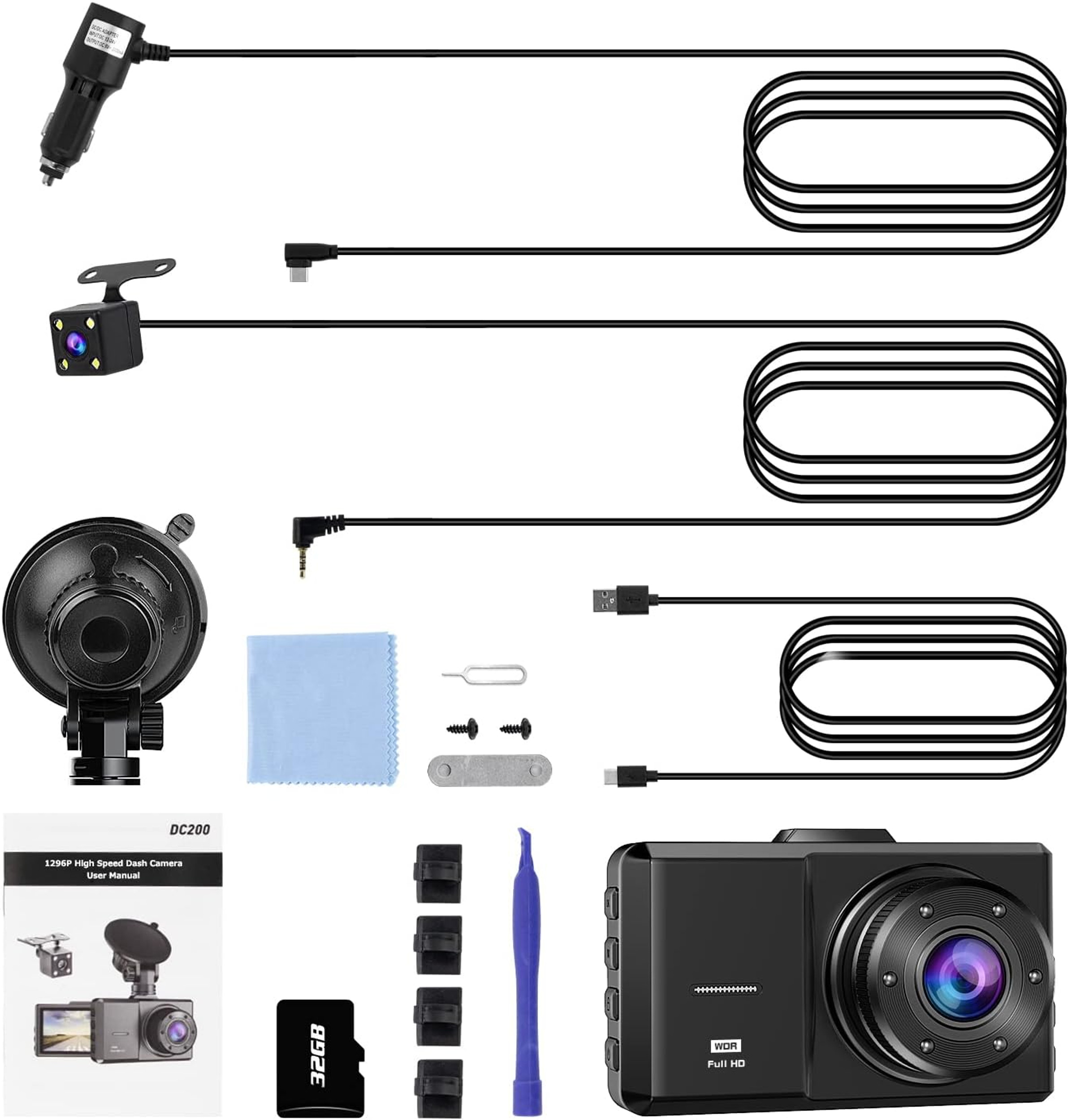1296P Dual Dash Cam Front and Rear, Waterproof Backup Camera, 32G SD Card, Night Vision WDR G-Sensor Parking Monitor Loop Recording