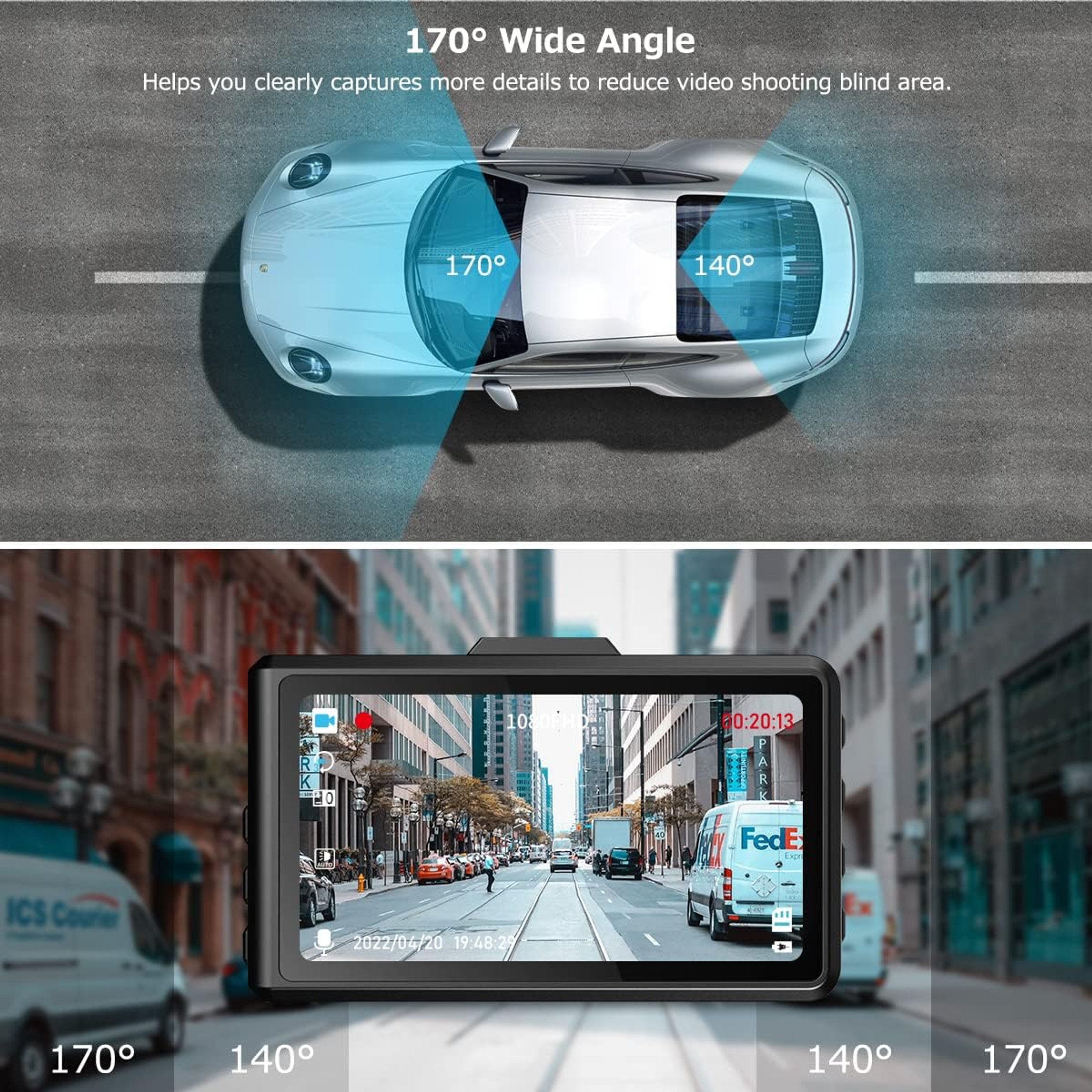 1296P Dual Dash Cam Front and Rear, Waterproof Backup Camera, 32G SD Card, Night Vision WDR G-Sensor Parking Monitor Loop Recording