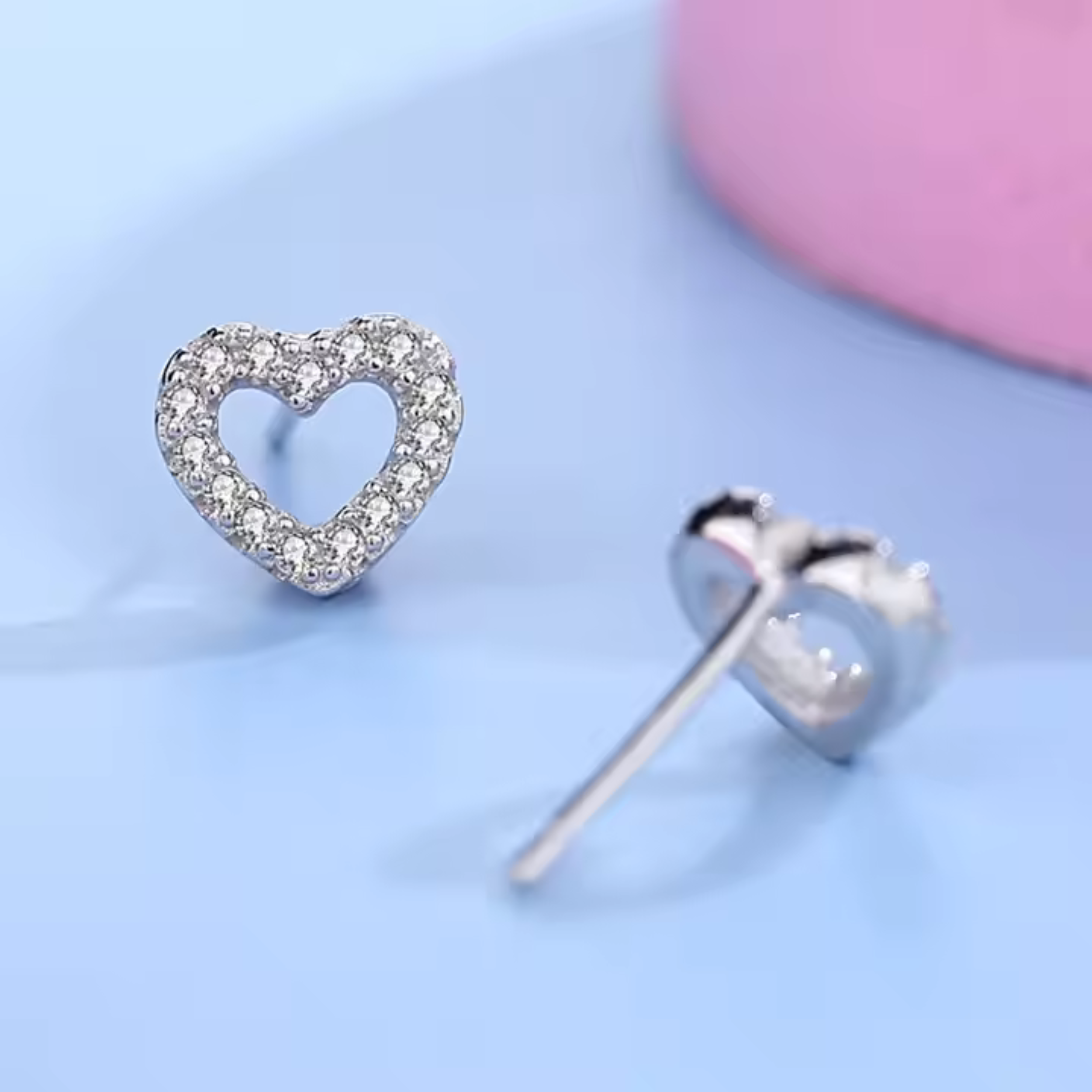 Earrings - Sterling Silver Post 14K White Gold Plated Pave Heart Cubic Zirconia Stud Earrings for Women, Hypoallergenic Sparkle Heart CZ Studs (6mm)