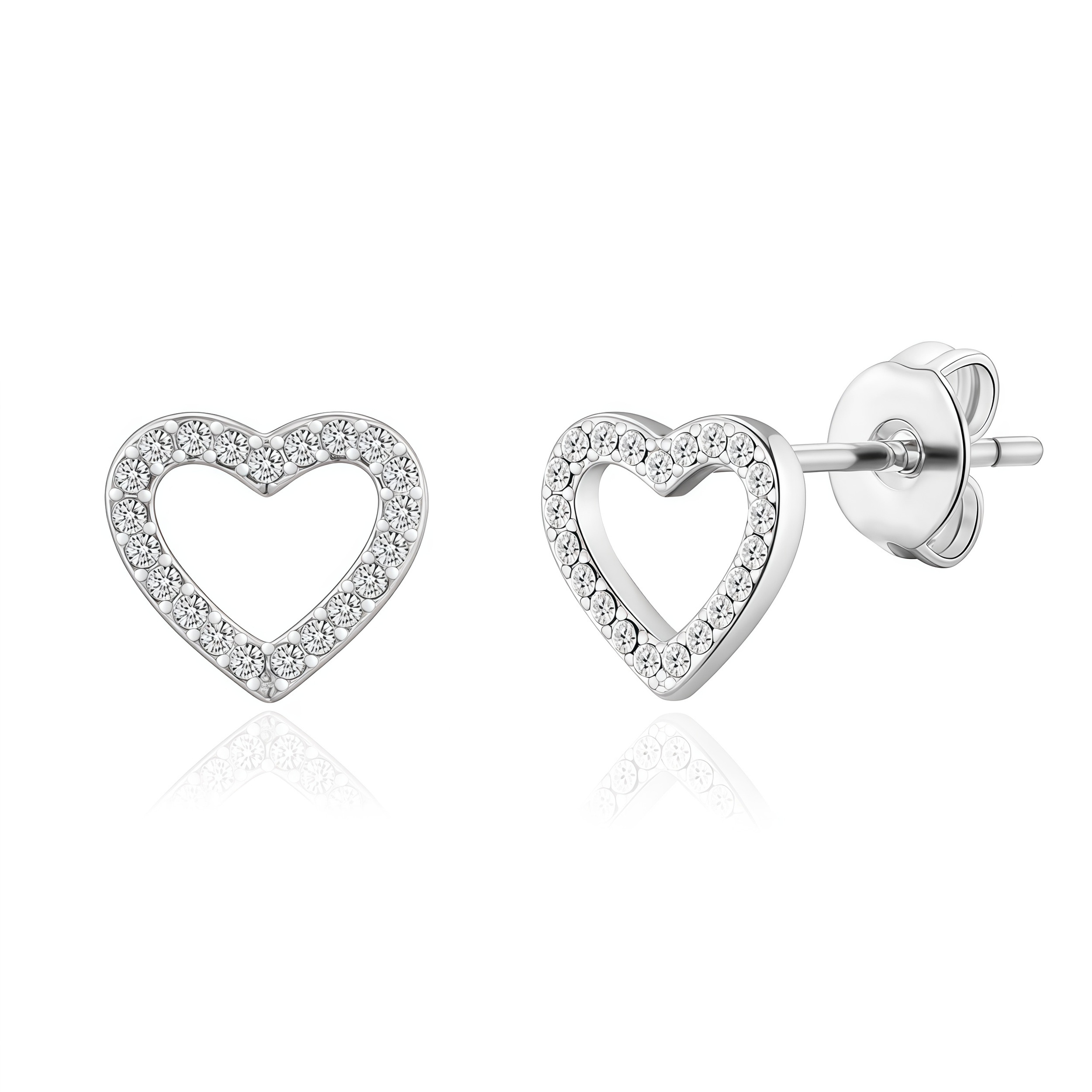 925 Sterling Silver Post Stud Earrings 14K White Gold Plated Clear CZ Pave Heart (6mm)