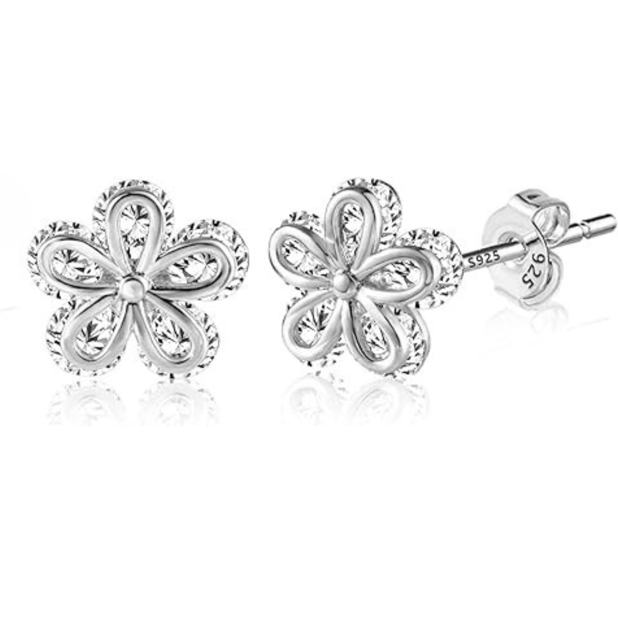 Earrings - Sterling Silver Post 14K White Gold Plated Large Cubic Zirconia Cinquefoil Flower Stud Earrings for Women, Hypoallergenic Statement CZ Studs (9mm)