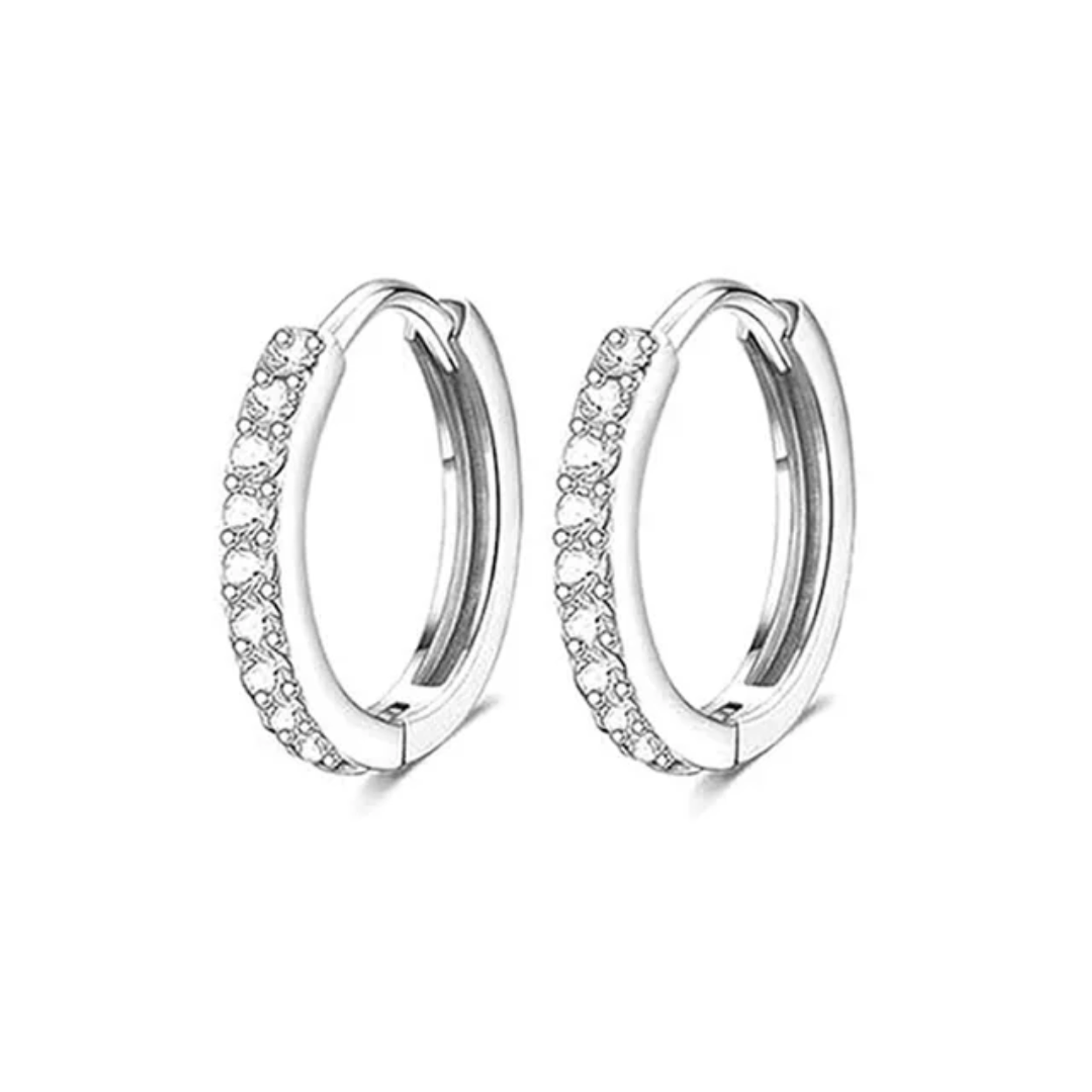 Earrings - S925 Sterling Silver Post 18K White Gold Plated Single Row Cubic Zirconia Huggie Hoop Earring, Hypoallergenic Hoop for Sensitive Ears (10mm)