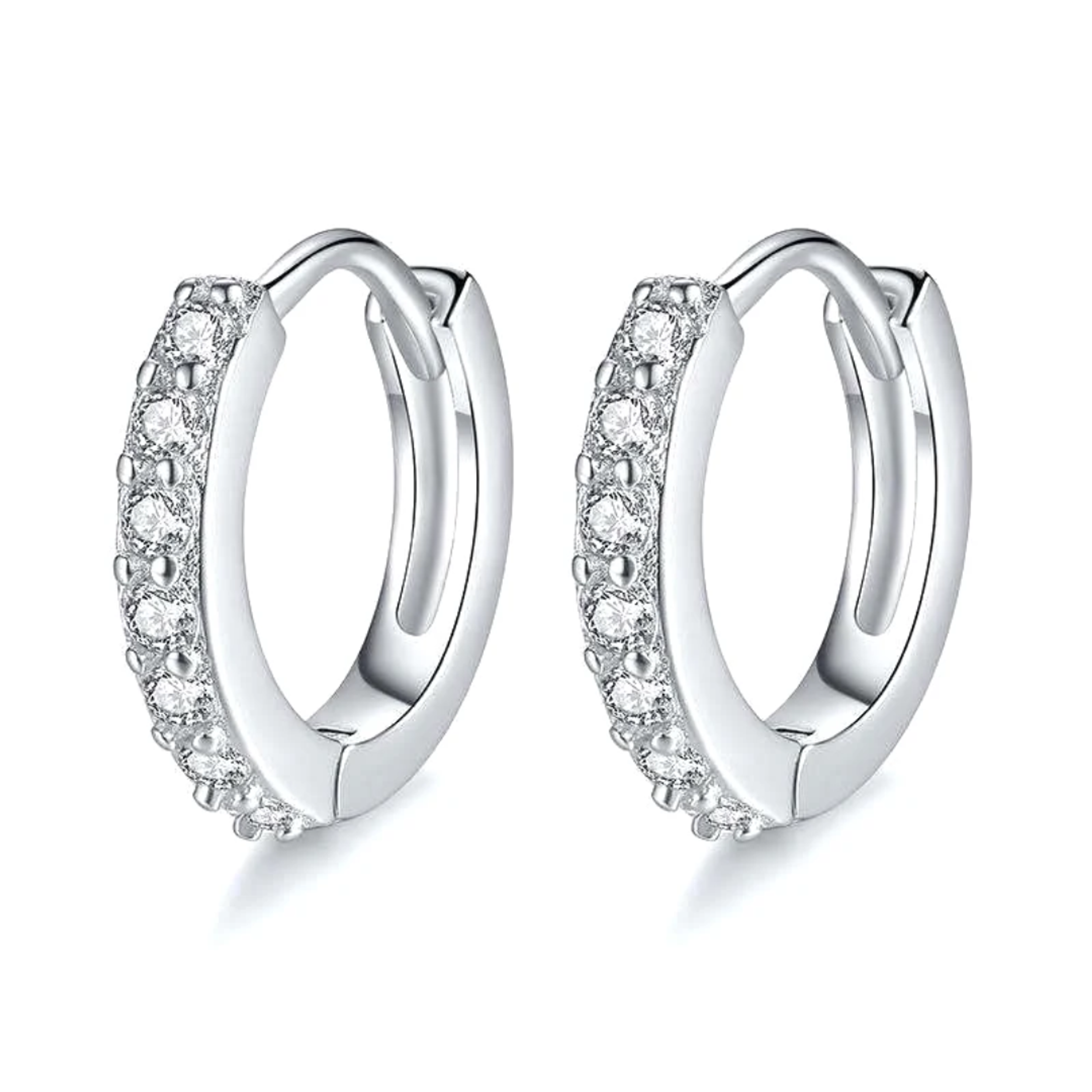 Earrings - S925 Sterling Silver Post 18K White Gold Plated Single Row Cubic Zirconia Huggie Hoop Earring, Hypoallergenic Hoop for Sensitive Ears (10mm)