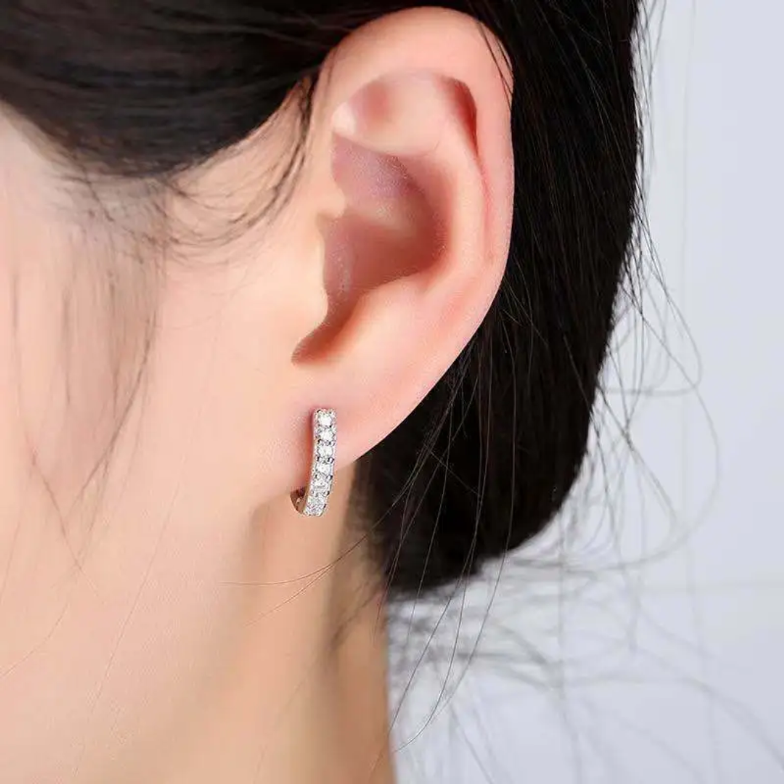Earrings - S925 Sterling Silver Post 18K White Gold Plated Single Row Cubic Zirconia Huggie Hoop Earring, Hypoallergenic Hoop for Sensitive Ears (10mm)