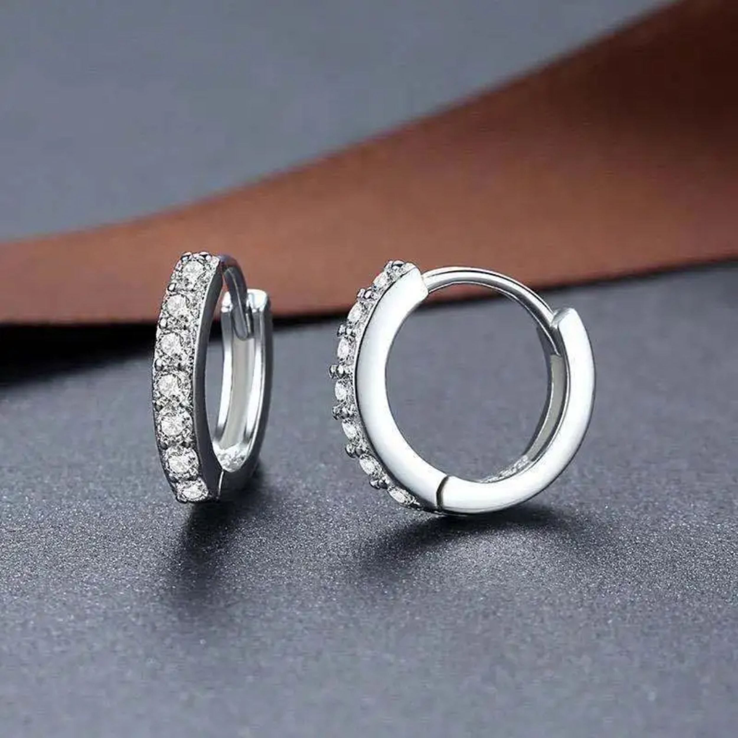 Earrings - S925 Sterling Silver Post 18K White Gold Plated Single Row Cubic Zirconia Huggie Hoop Earring, Hypoallergenic Hoop for Sensitive Ears (10mm)