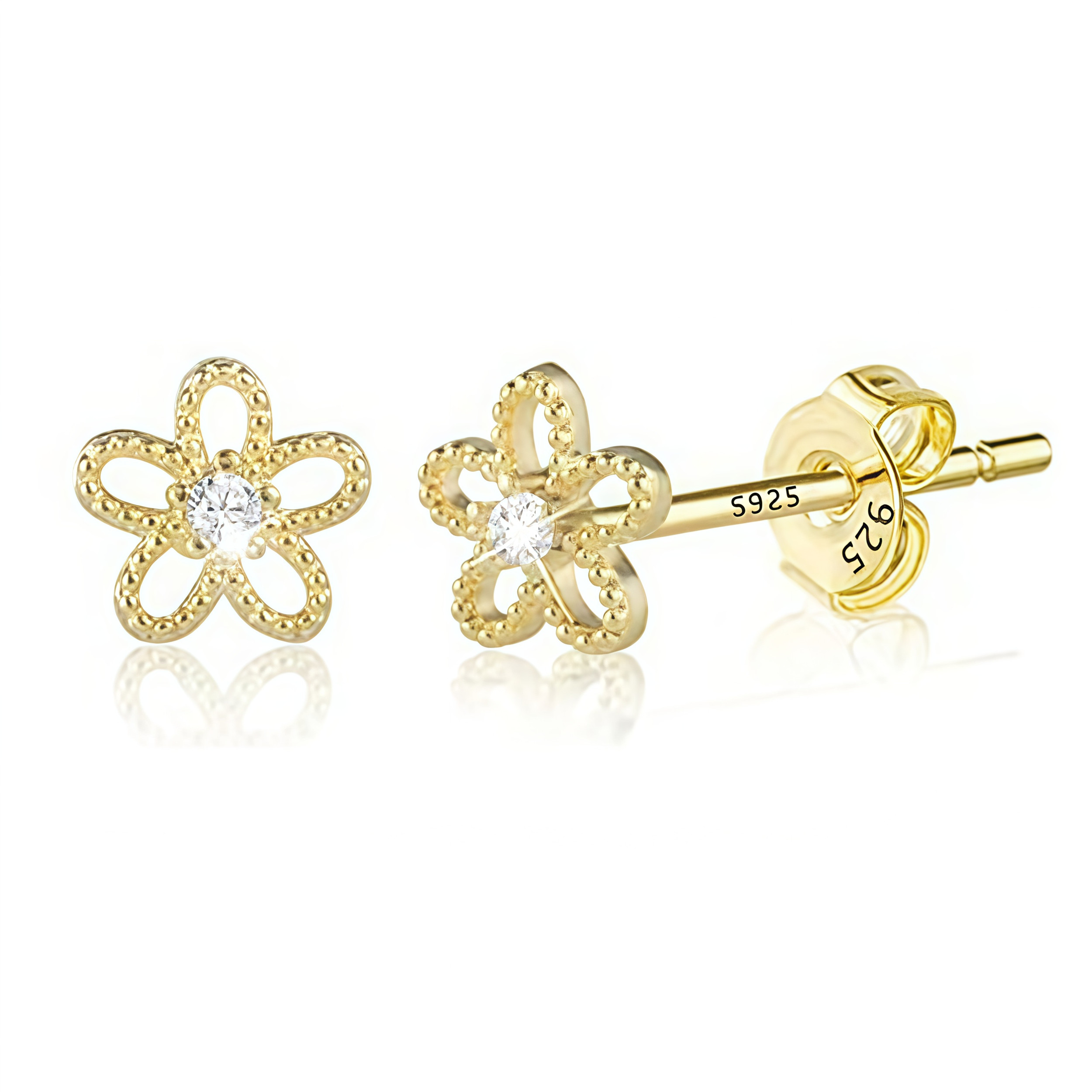 Earrings - 925 Sterling Silver Gold Flower Stud Earrings – Dainty 14K Gold-Plated CZ Floral Hypoallergenic Studs for Women & Girls (5mm)