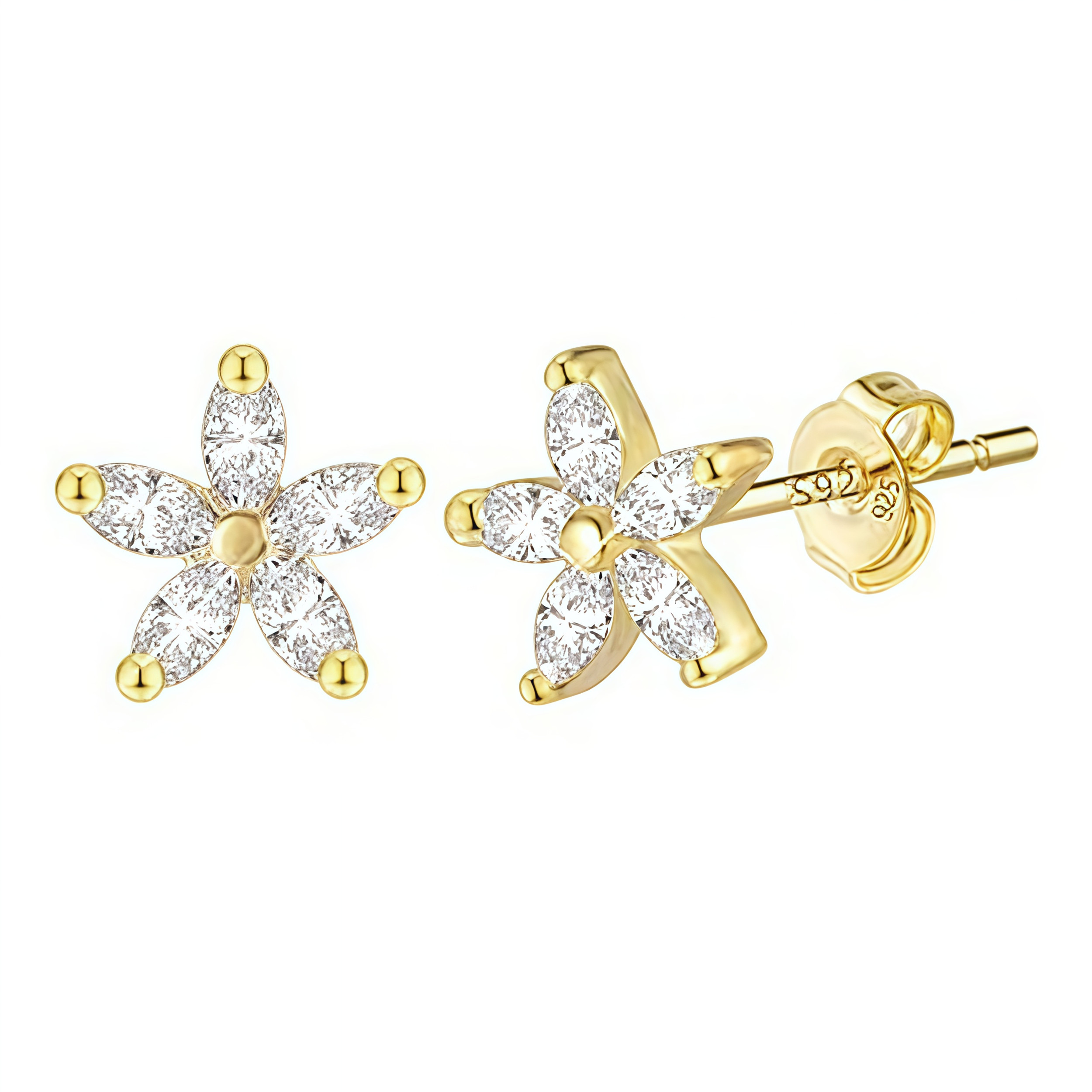 925 Sterling Silver Post Stud Earrings 14K Gold Plated Clear CZ Marquise Cluster Flower (7mm)