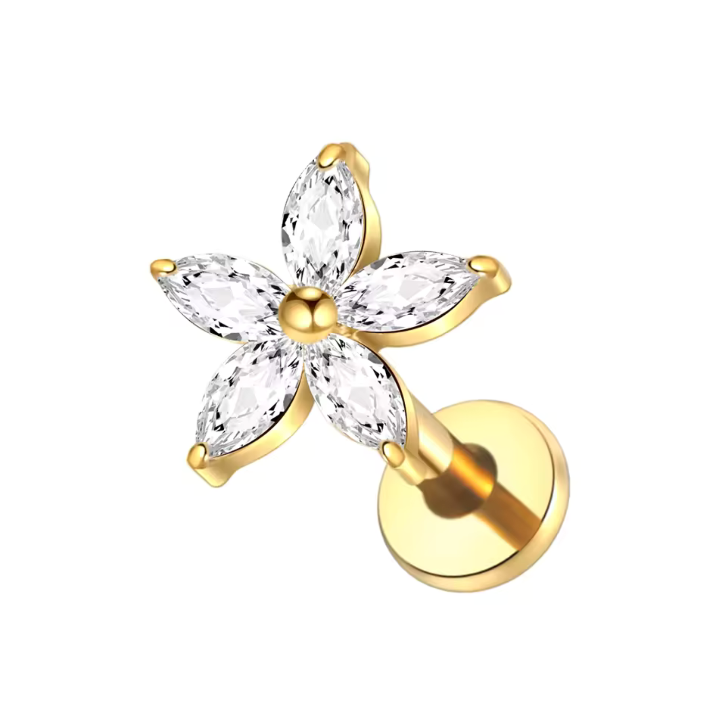 925 Sterling Silver Post Stud Earrings 14K Gold Plated Clear CZ Marquise Cluster Flower (7mm)