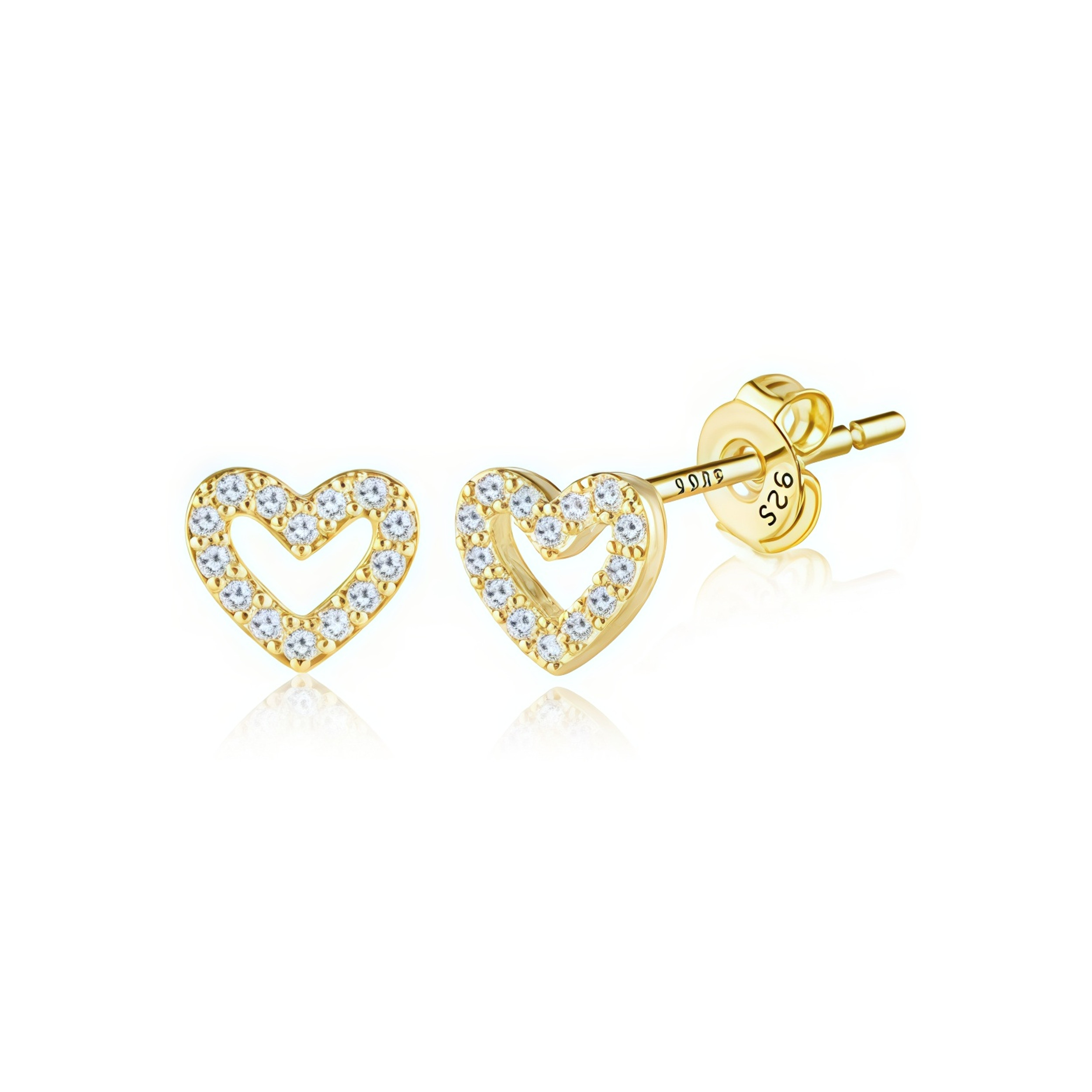 Earrings - S925 Sterling Silver Post 14K Gold Plated Pave Open Heart Stud Earring – Dainty Cubic Zirconia Hypoallergenic Stud for Women (6mm)