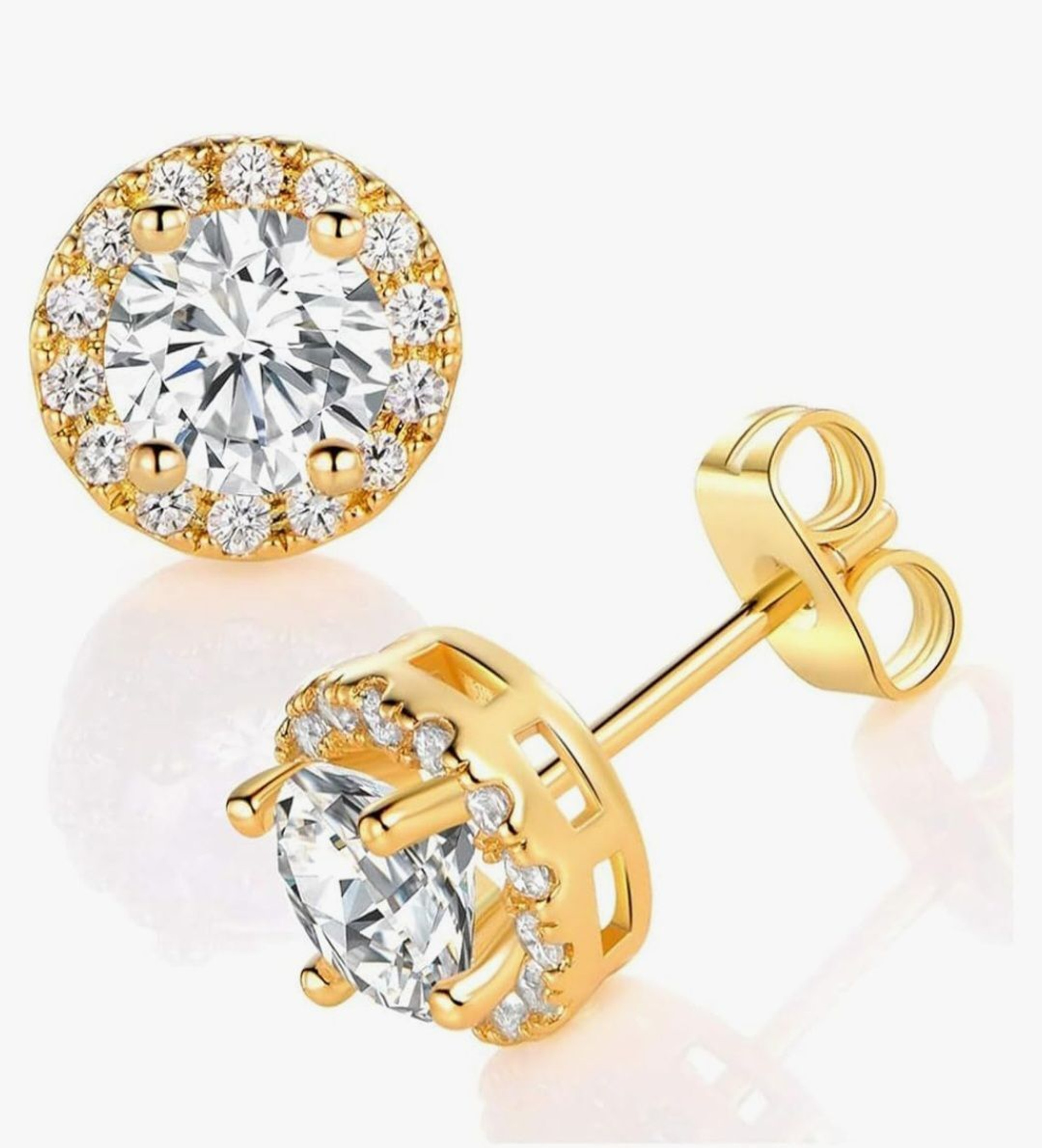 Earrings - 18K Gold Plated S925 Sterling Silver Post Big Brilliant Simulated Diamond CZ Round Halo Stud Earring for Women, Hypoallergenic for Sensitive Ears (8.5mm)