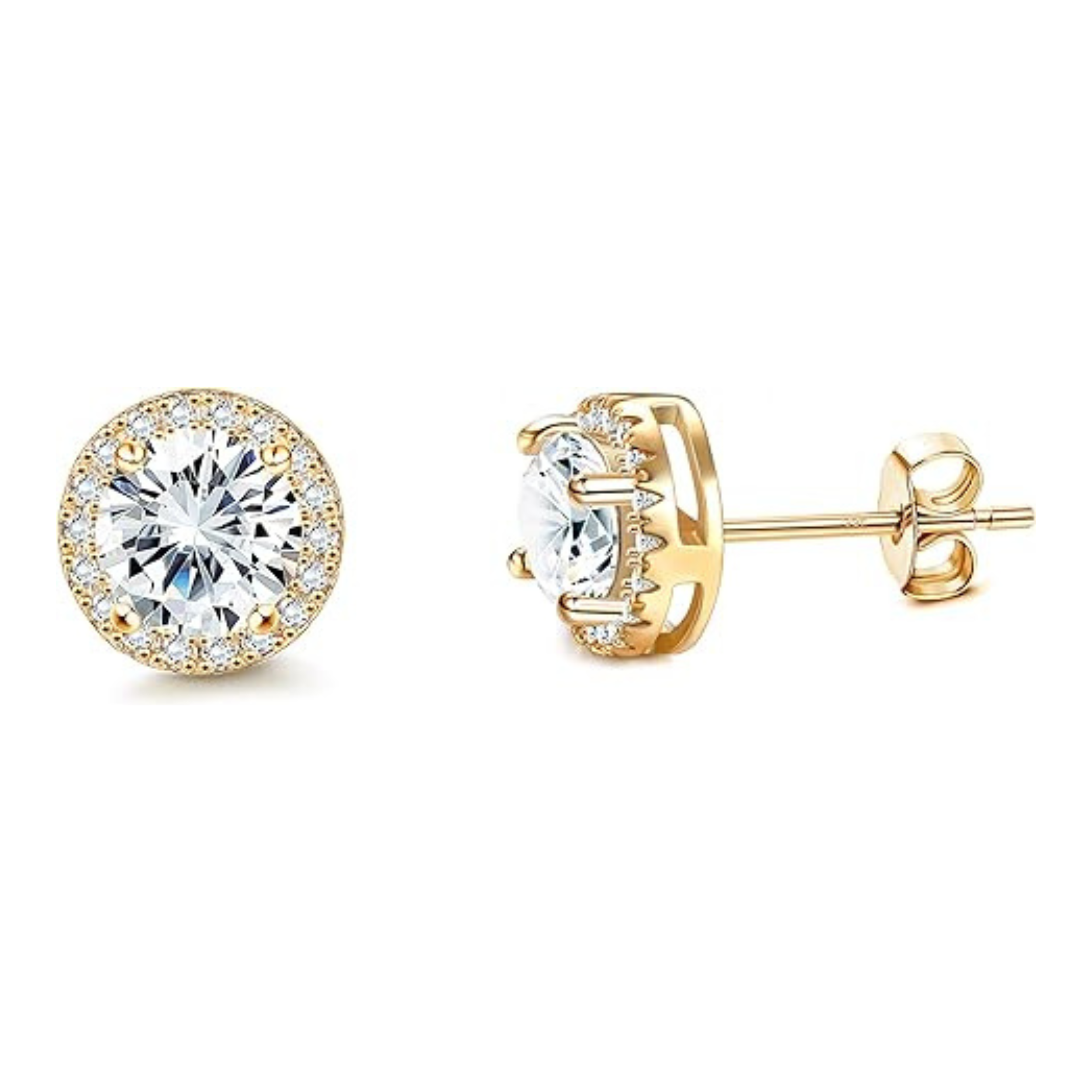 Earrings - 18K Gold Plated S925 Sterling Silver Post Big Brilliant Simulated Diamond CZ Round Halo Stud Earring for Women, Hypoallergenic for Sensitive Ears (8.5mm)