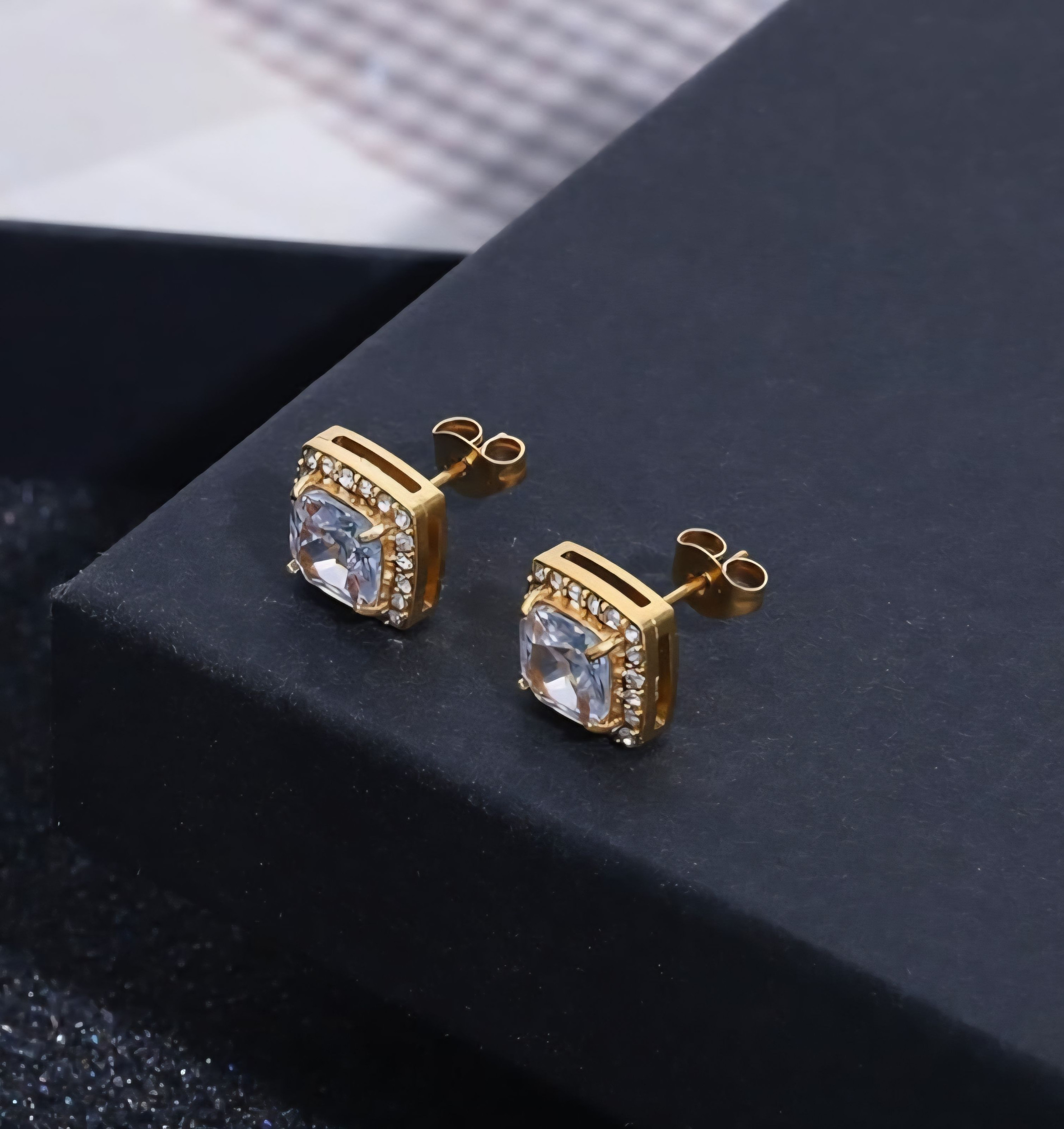 Earrings - 18K Gold Plated S925 Sterling Silver Post Big Brilliant Simulated Diamond CZ Square Halo Stud Earring for Women, Hypoallergenic for Sensitive Ears (10mm)