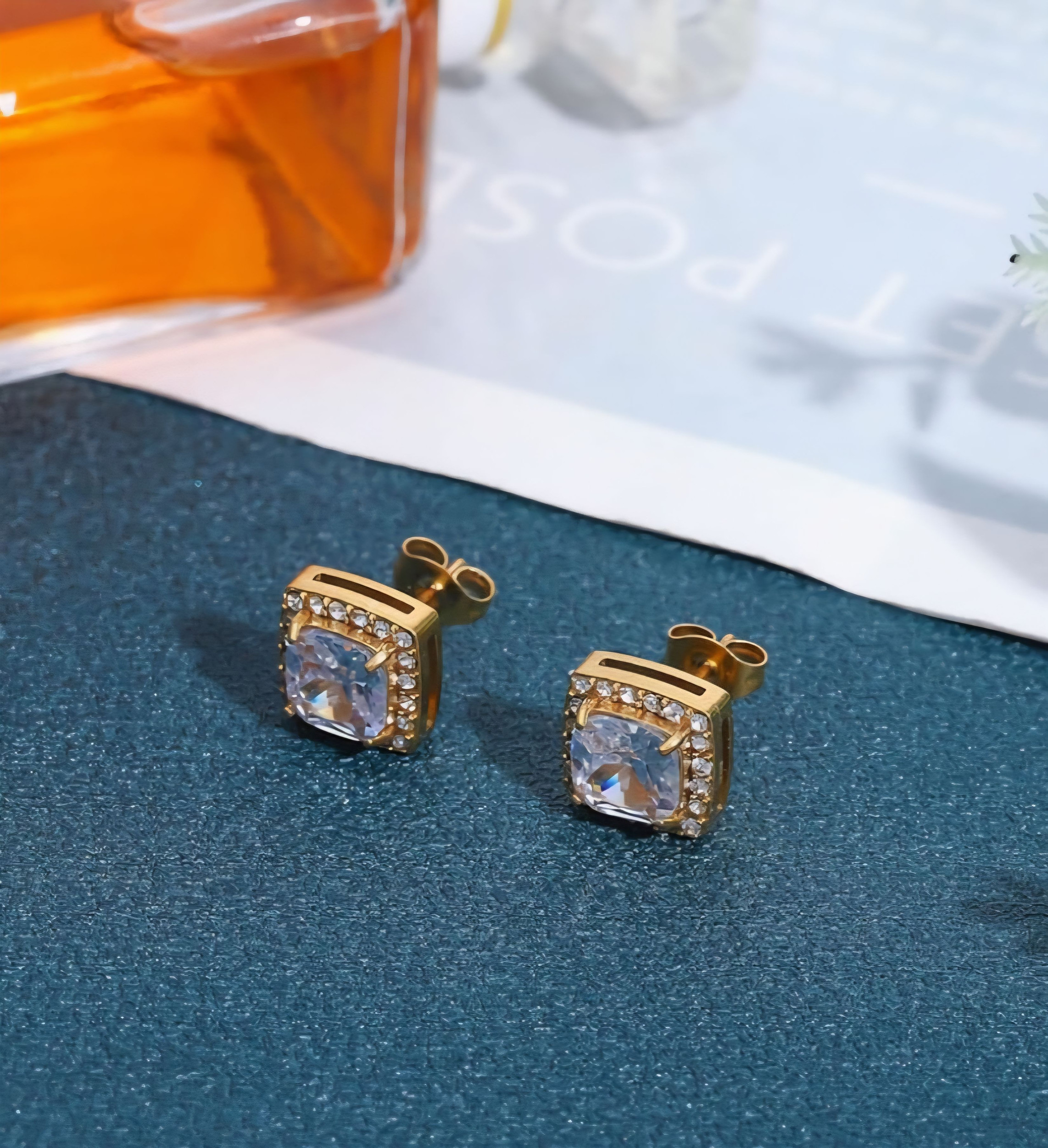Earrings - 18K Gold Plated S925 Sterling Silver Post Big Brilliant Simulated Diamond CZ Square Halo Stud Earring for Women, Hypoallergenic for Sensitive Ears (10mm)