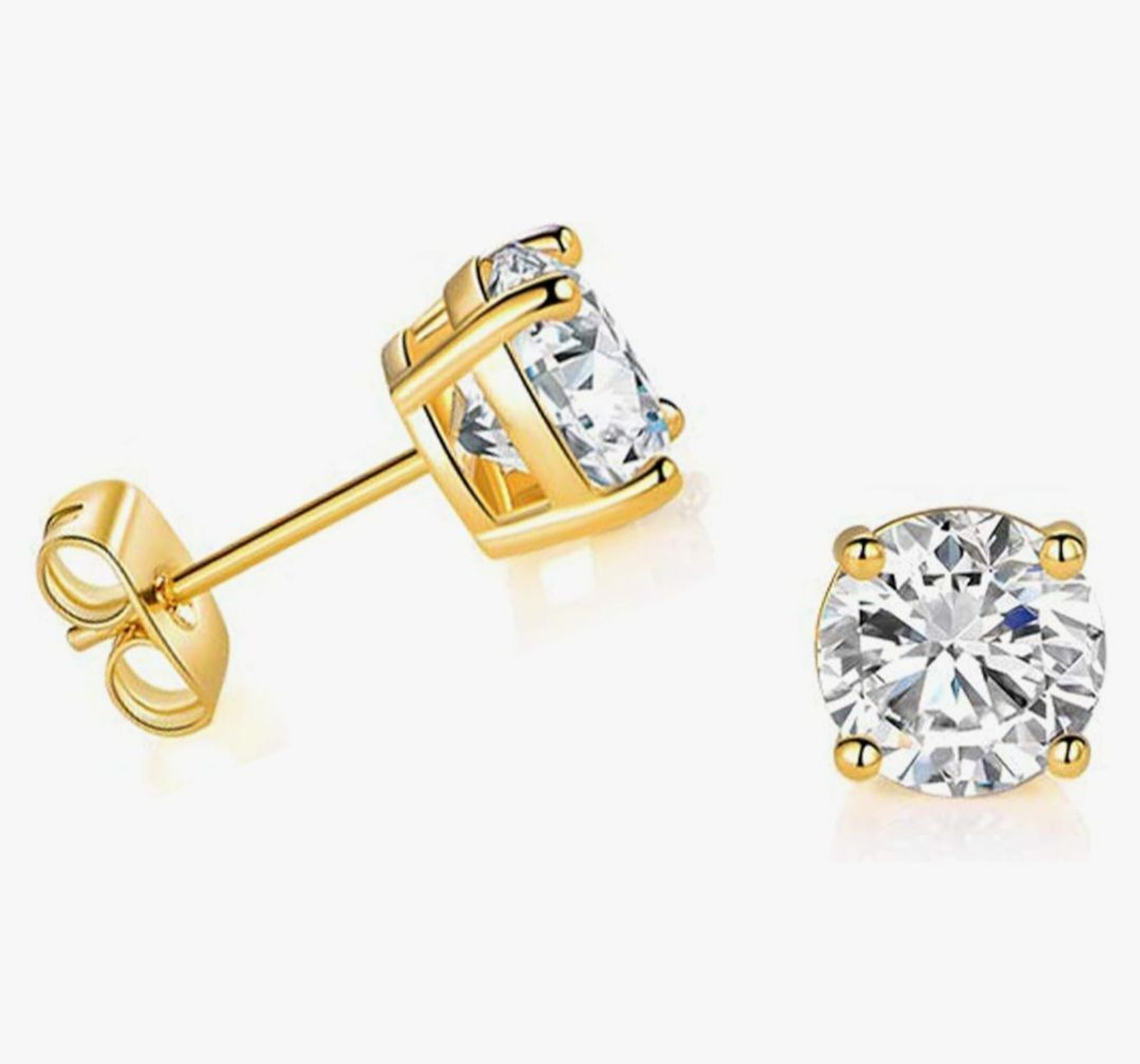 Earrings - 18K Gold Plated S925 Sterling Silver Post Big Brilliant Simulated Diamond CZ Round Solitaire Stud Earring for Women, Hypoallergenic for Sensitive Ears (8mm)