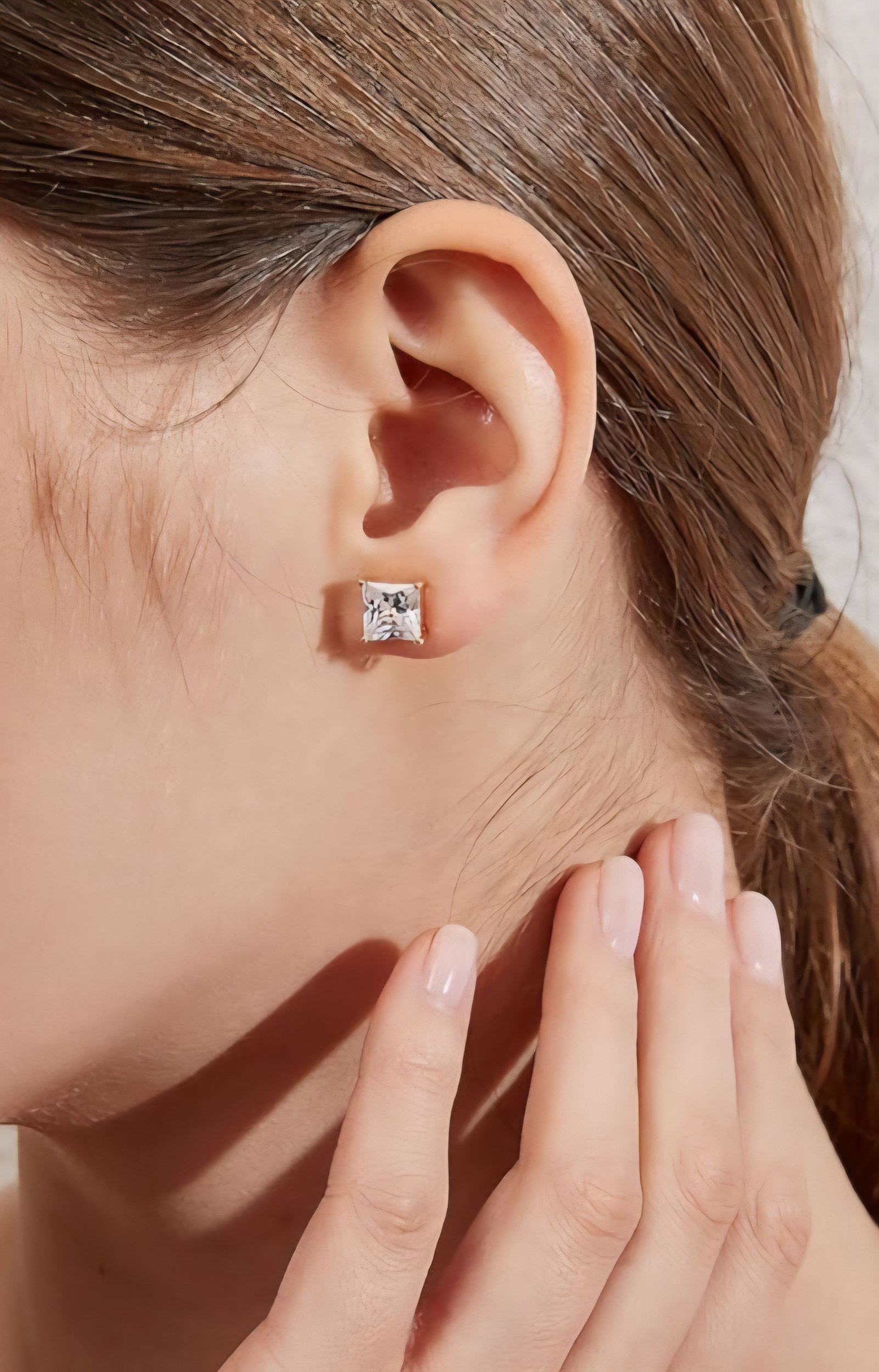 Earrings - 18K Gold Plated S925 Sterling Silver Post Big Brilliant Simulated Diamond CZ Princess Cut Solitaire Stud Earring for Women (8mm)