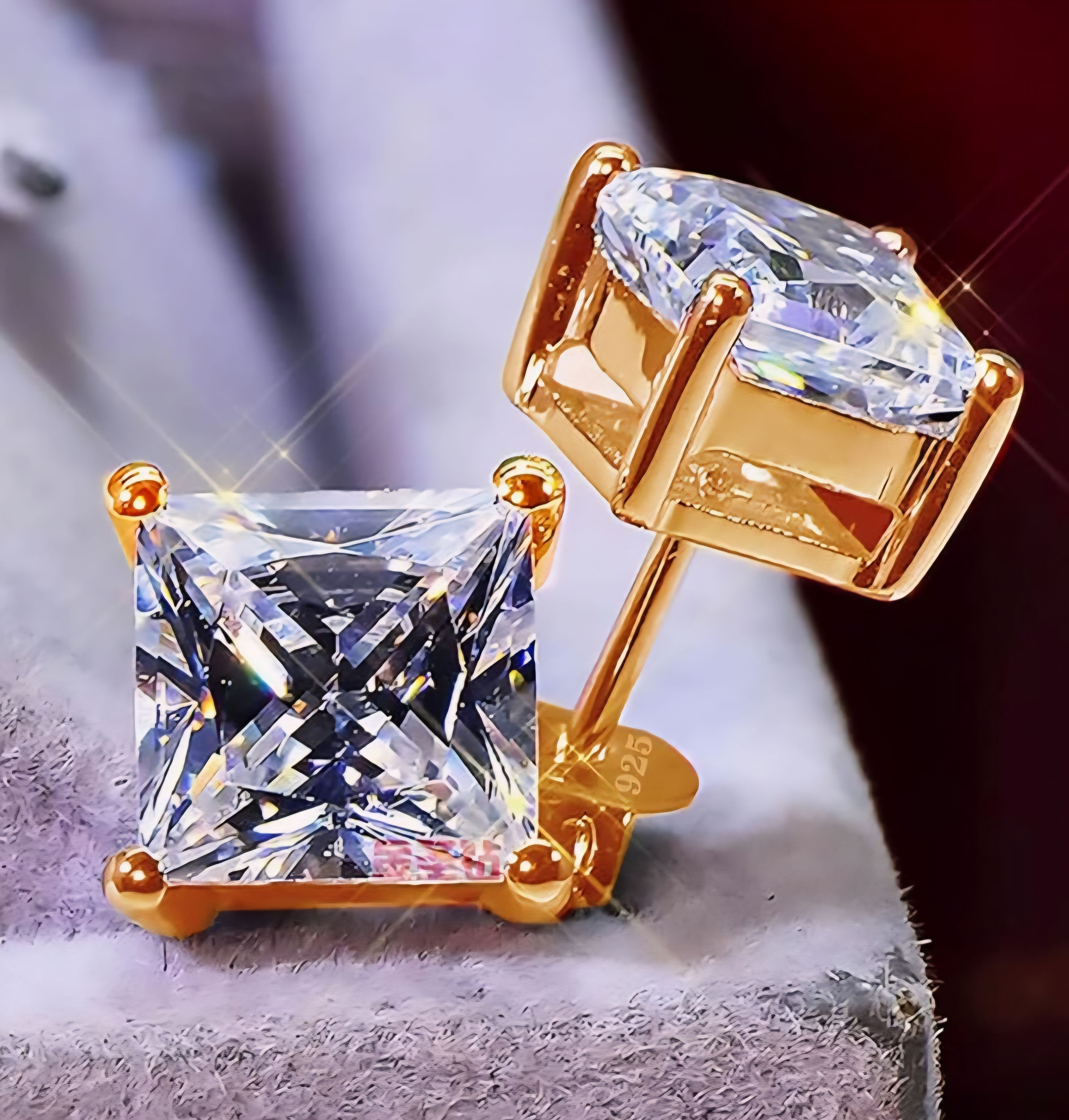 Earrings - 18K Gold Plated S925 Sterling Silver Post Big Brilliant Simulated Diamond CZ Princess Cut Solitaire Stud Earring for Women (8mm)
