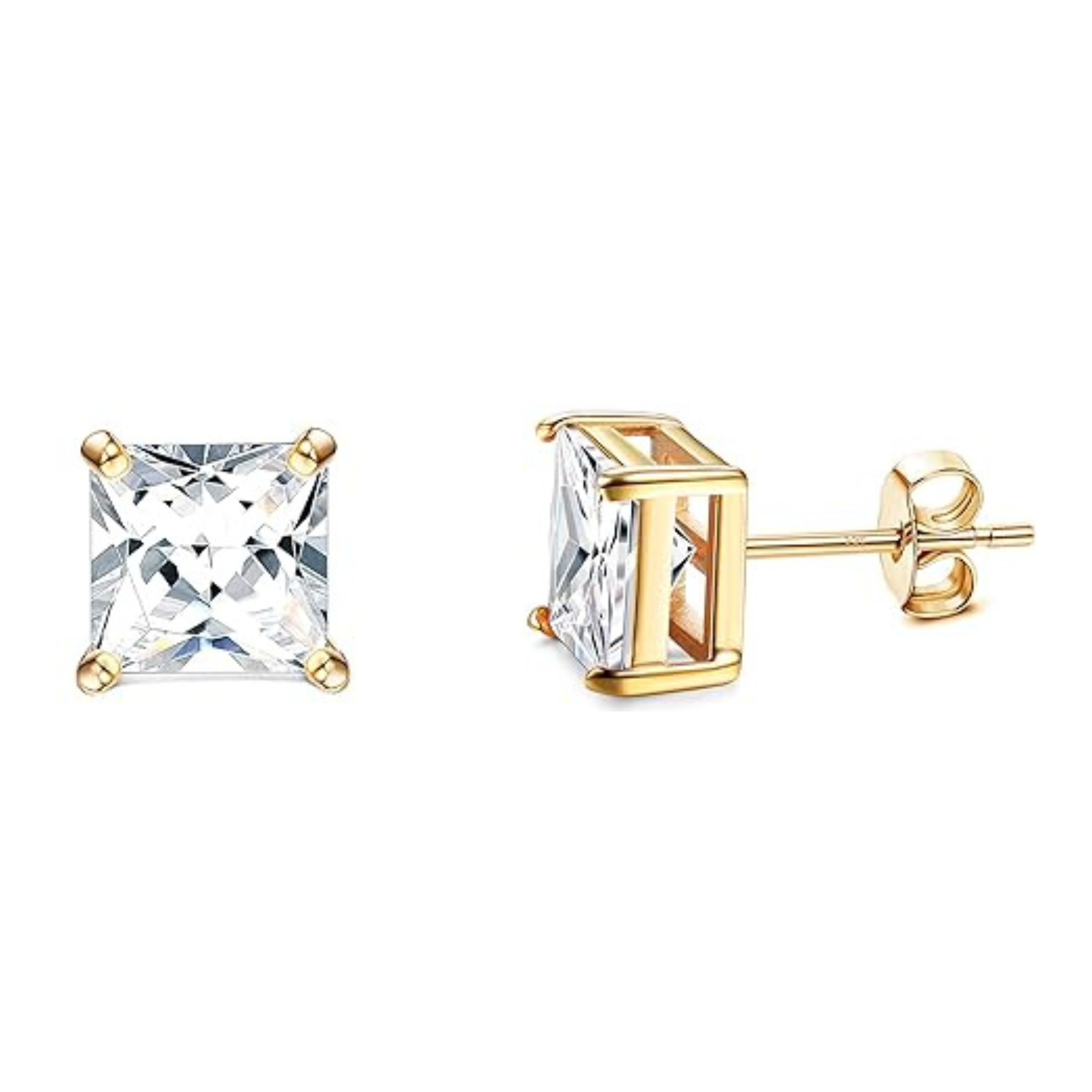 Earrings - 18K Gold Plated S925 Sterling Silver Post Big Brilliant Simulated Diamond CZ Princess Cut Solitaire Stud Earring for Women (8mm)