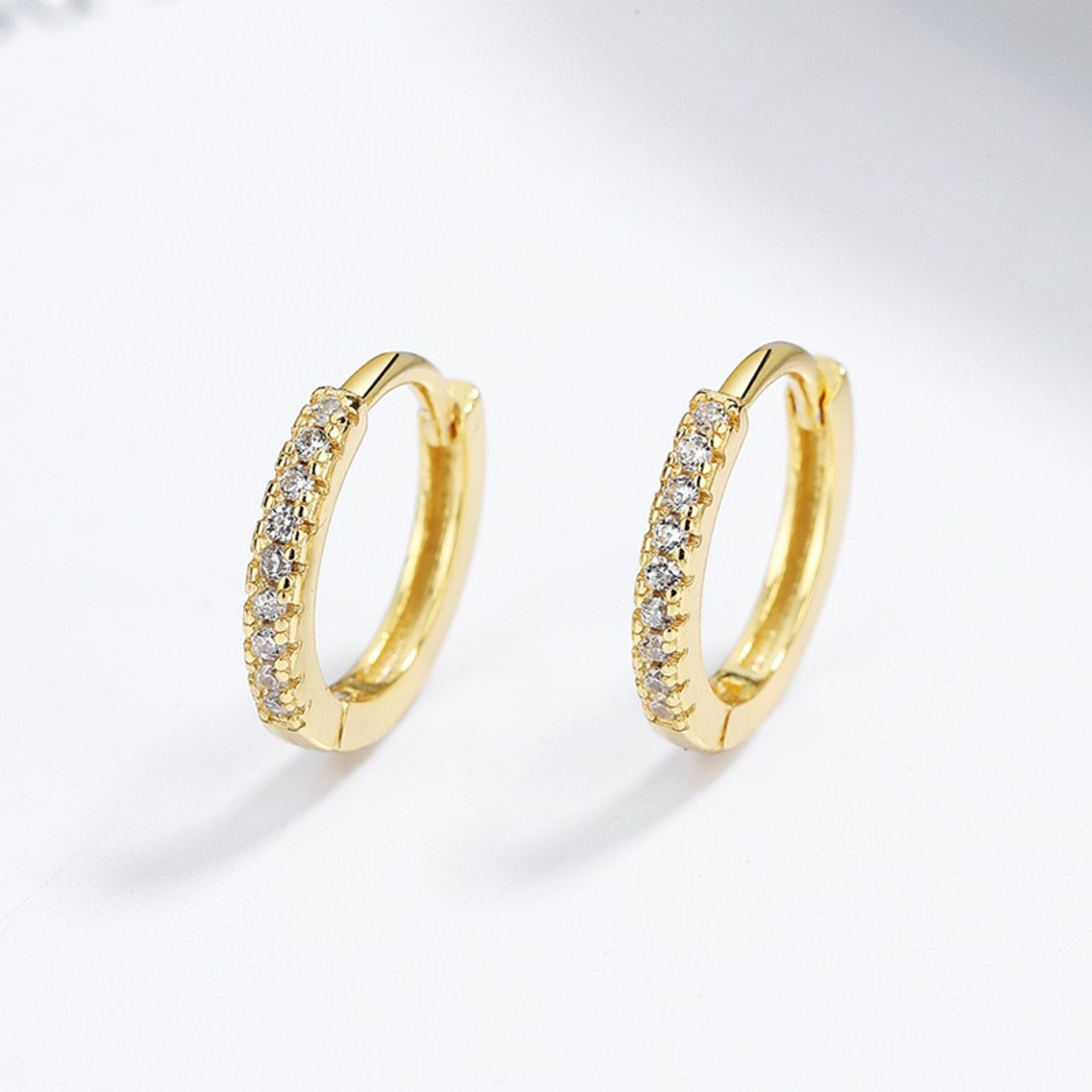 Earrings - 14K Gold Plated Pave Huggie Hoop Earring – Dainty Sparkle Lightweight Hypoallergenic Hoop for Women (8mm)