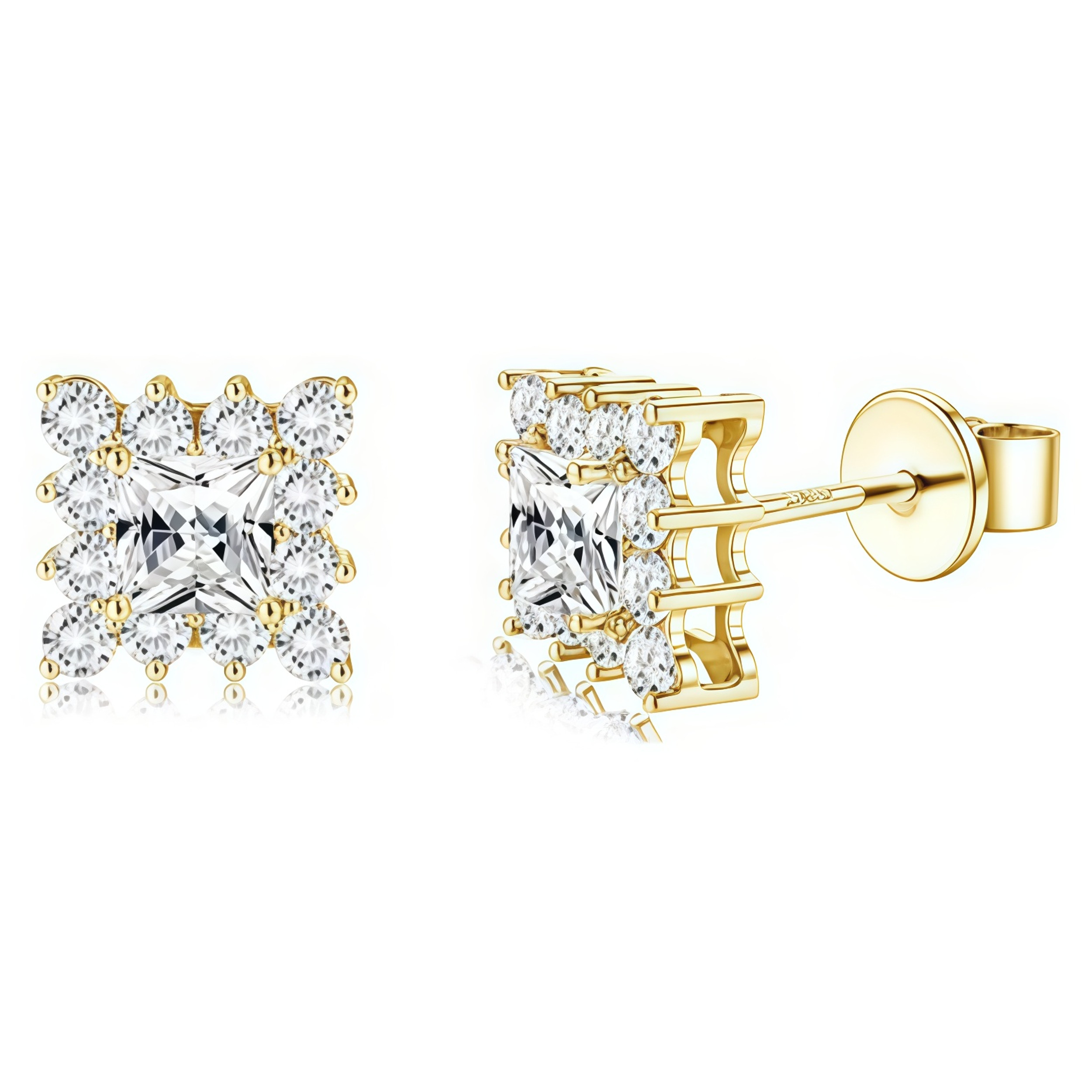 Earrings - S925 Sterling Silver Square Cluster Stud Earring – 14K Gold-Plated Brilliant Cubic Zirconia Hypoallergenic Stud for Women (10mm)