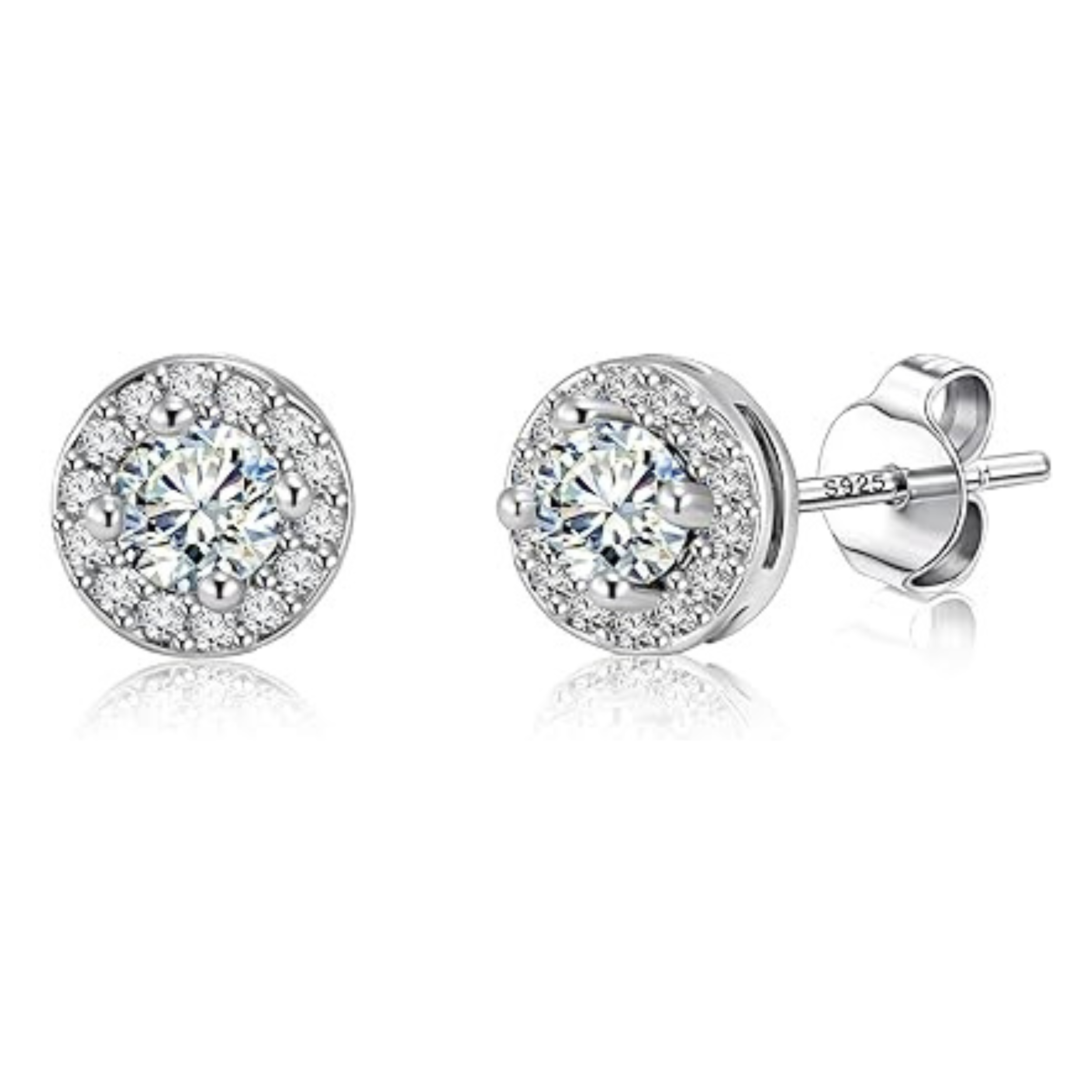 Earrings - S925 Sterling Silver Round Halo Stud Earring – 18K White Gold Plated Brilliant Cubic Zirconia Hypoallergenic Stud for Women (7mm)