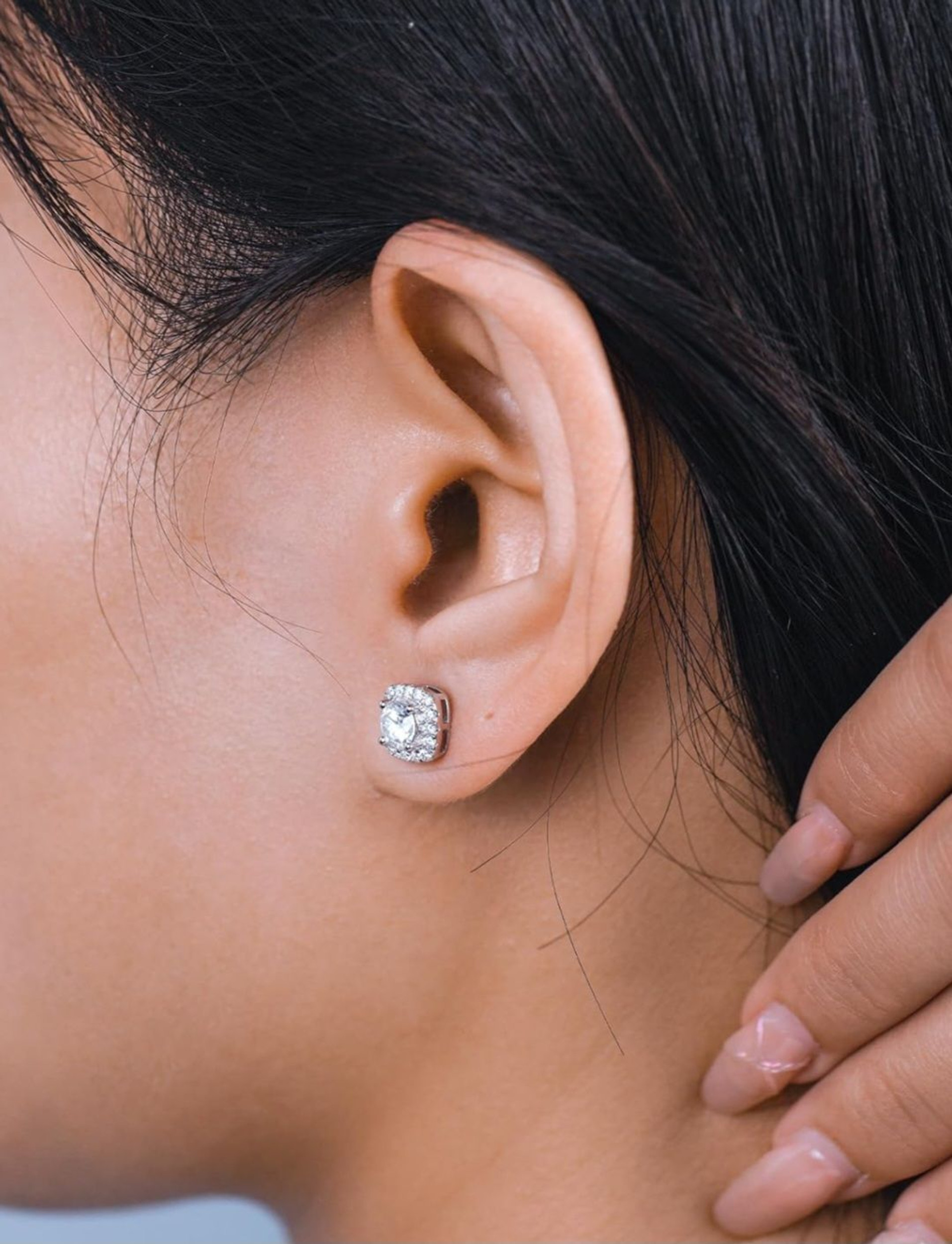 Earrings - S925 Sterling Silver Square Halo Stud Earring – 18K White Gold Plated Brilliant Cubic Zirconia Hypoallergenic Stud for Women (9.3mm)