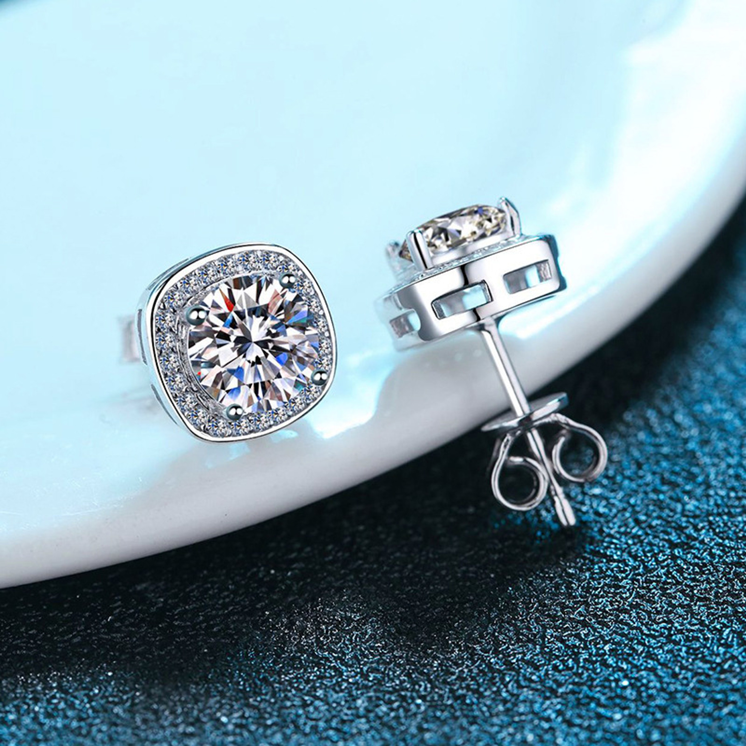 Earrings - S925 Sterling Silver Square Halo Stud Earring – 18K White Gold Plated Brilliant Cubic Zirconia Hypoallergenic Stud for Women (9.3mm)