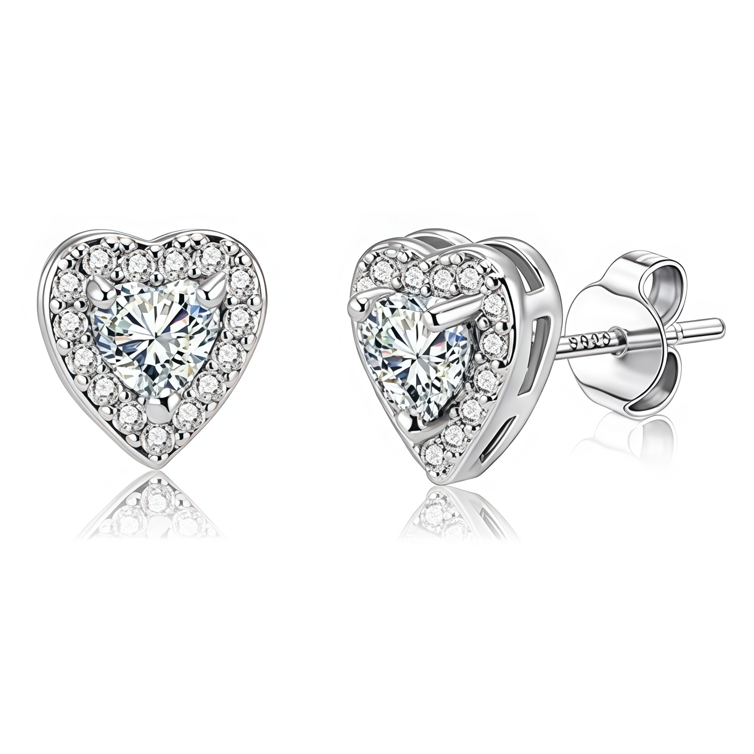 Earrings - S925 Sterling Silver Heart Halo Stud Earring – 18K White Gold Plated Brilliant Cubic Zirconia Hypoallergenic Stud for Women (8mm)