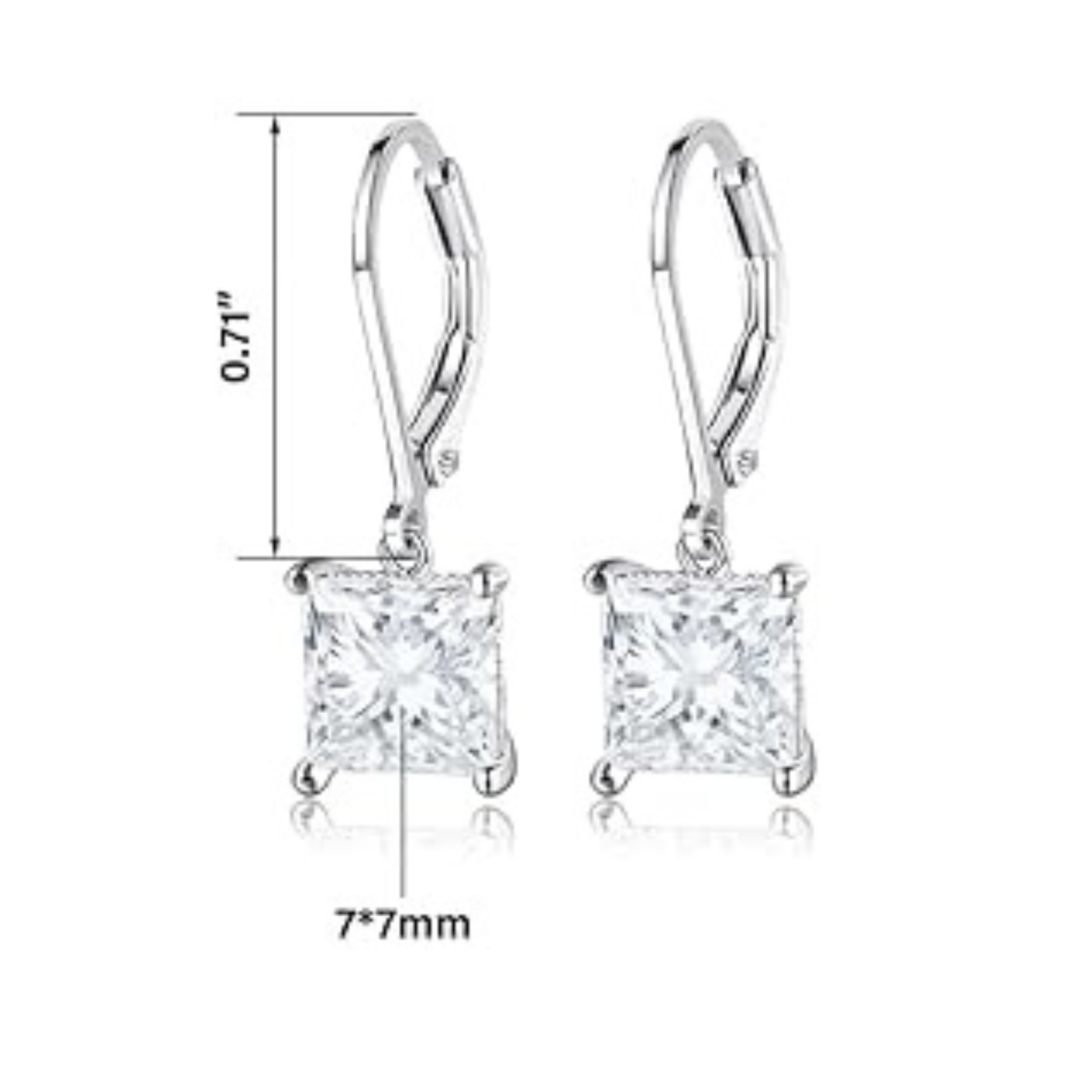 Earrings - 925 Sterling Silver Princess Cut 5A Cubic Zirconia Dangle Earring – 18K White Gold Plated Hypoallergenic Leverback Dangling Earring for Women (7mm)
