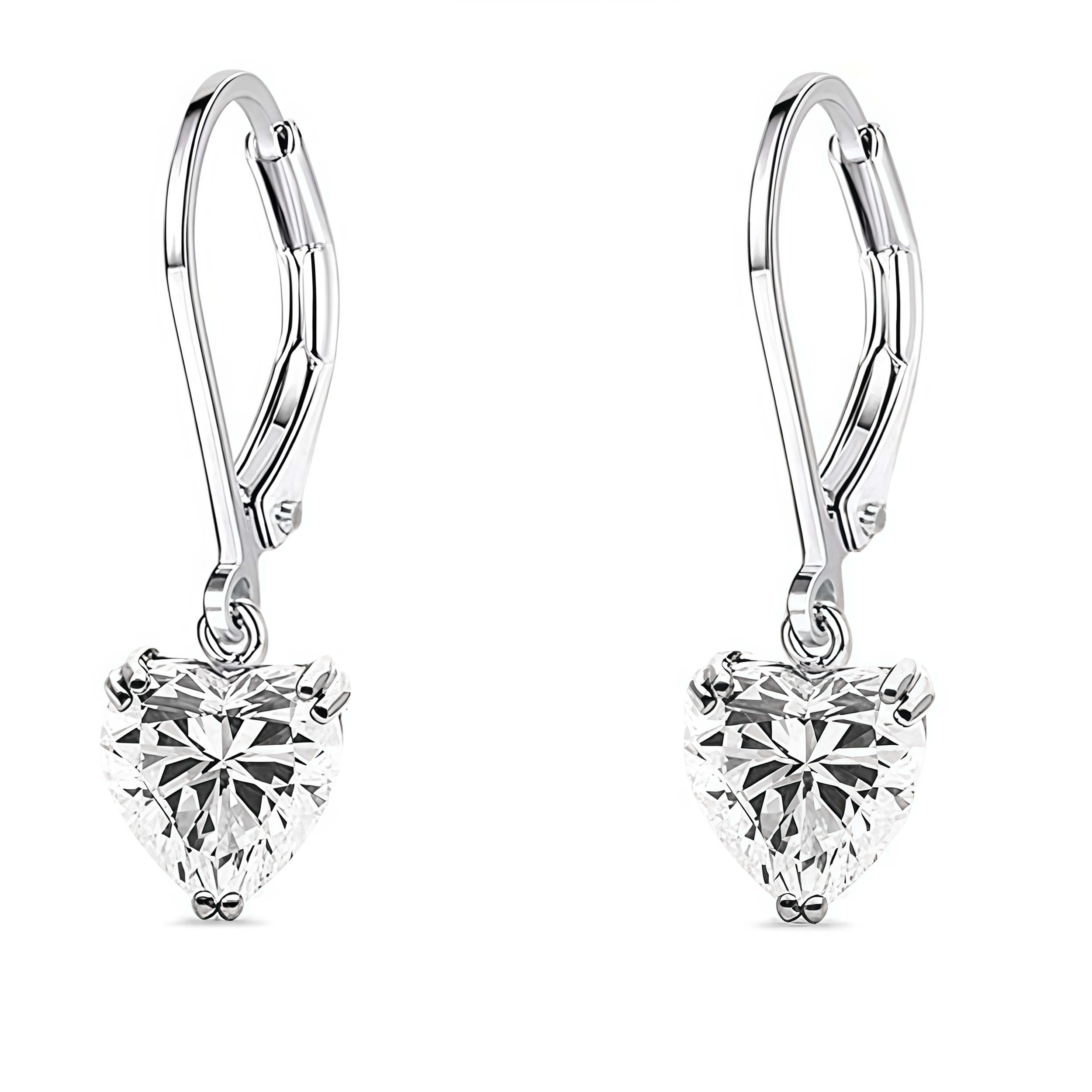 Earrings - 925 Sterling Silver Heart 5A Cubic Zirconia Dangle Earring – 18K White Gold Plated Hypoallergenic Lever back Dangling Earring for Women (7mm)