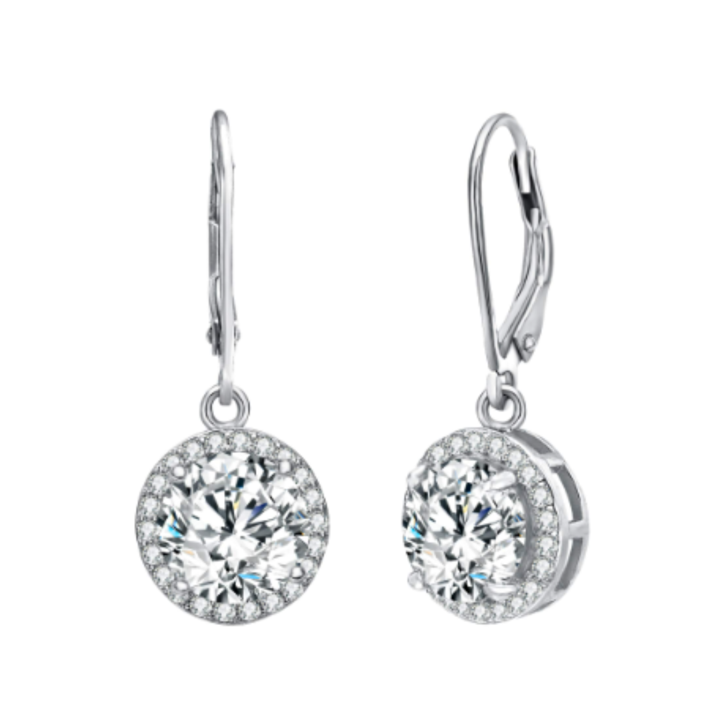 Earrings - Silver Dangle Round Halo 5A Cubic Zirconia Earring – Sparkling Hypoallergenic Leverback Dangling Earring for Women (7mm)