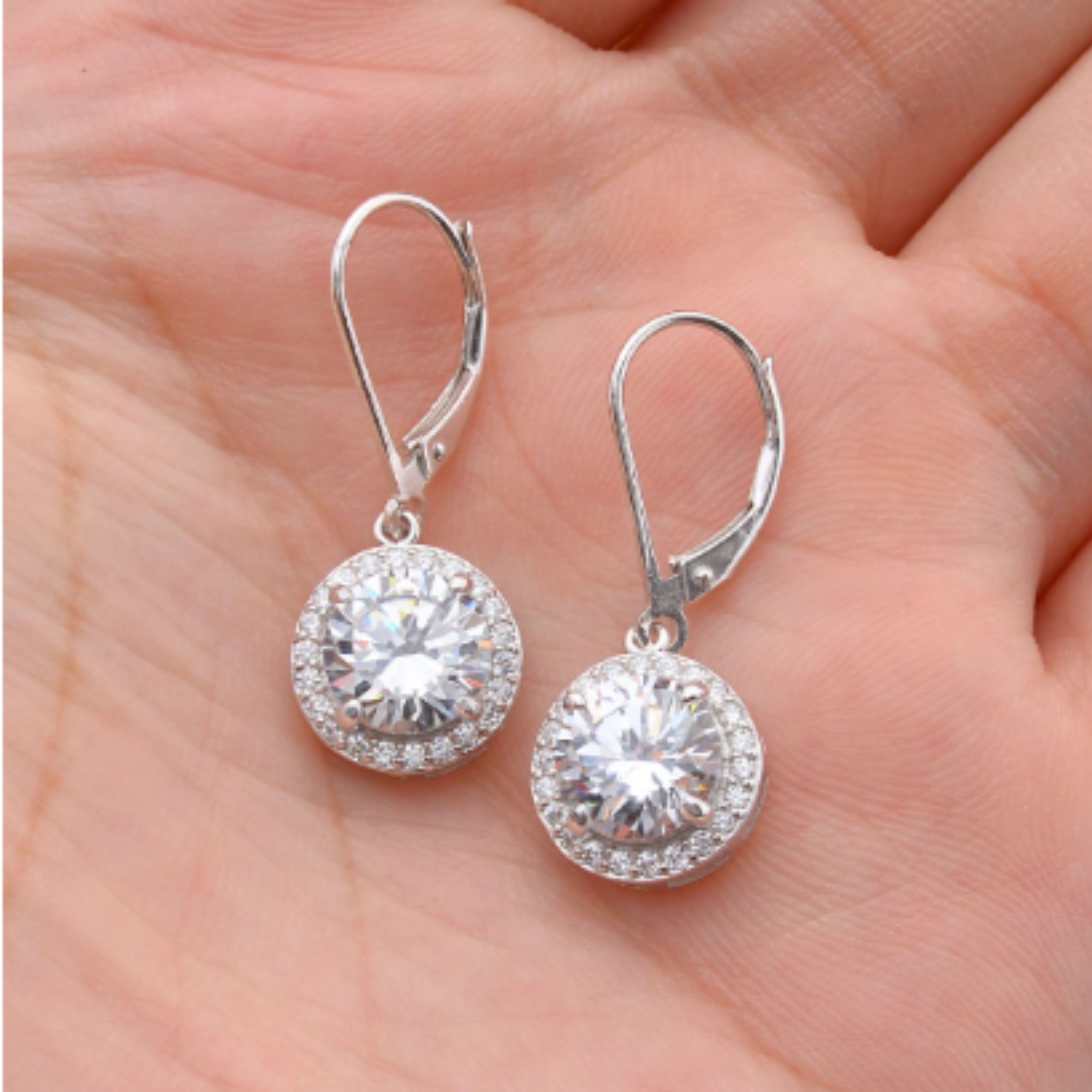 Earrings - Silver Dangle Round Halo 5A Cubic Zirconia Earring – Sparkling Hypoallergenic Leverback Dangling Earring for Women (7mm)