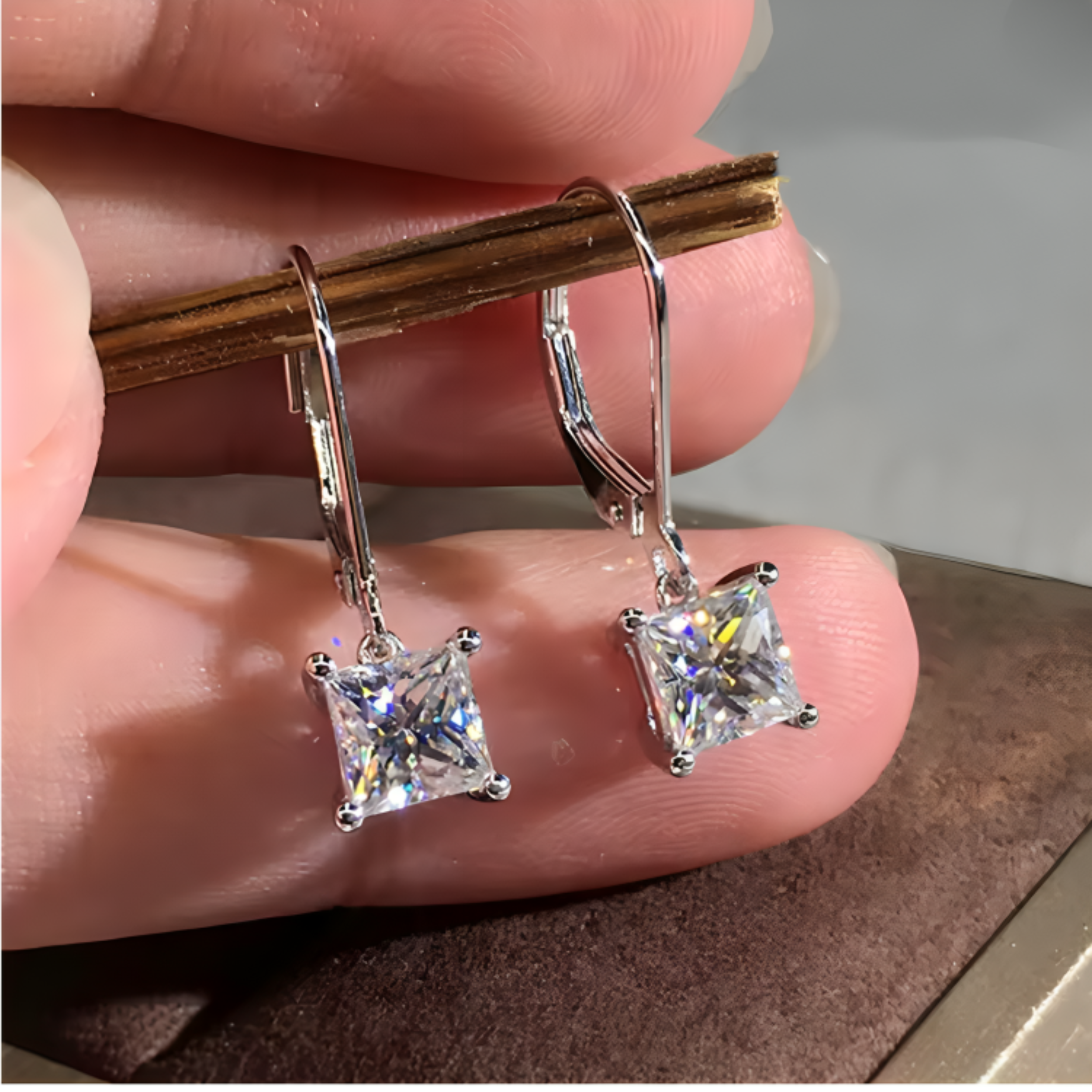 Earrings - 925 Sterling Silver Princess Cut 5A Cubic Zirconia Dangle Earring – Hypoallergenic Leverback Dangling Earring for Women (7mm)