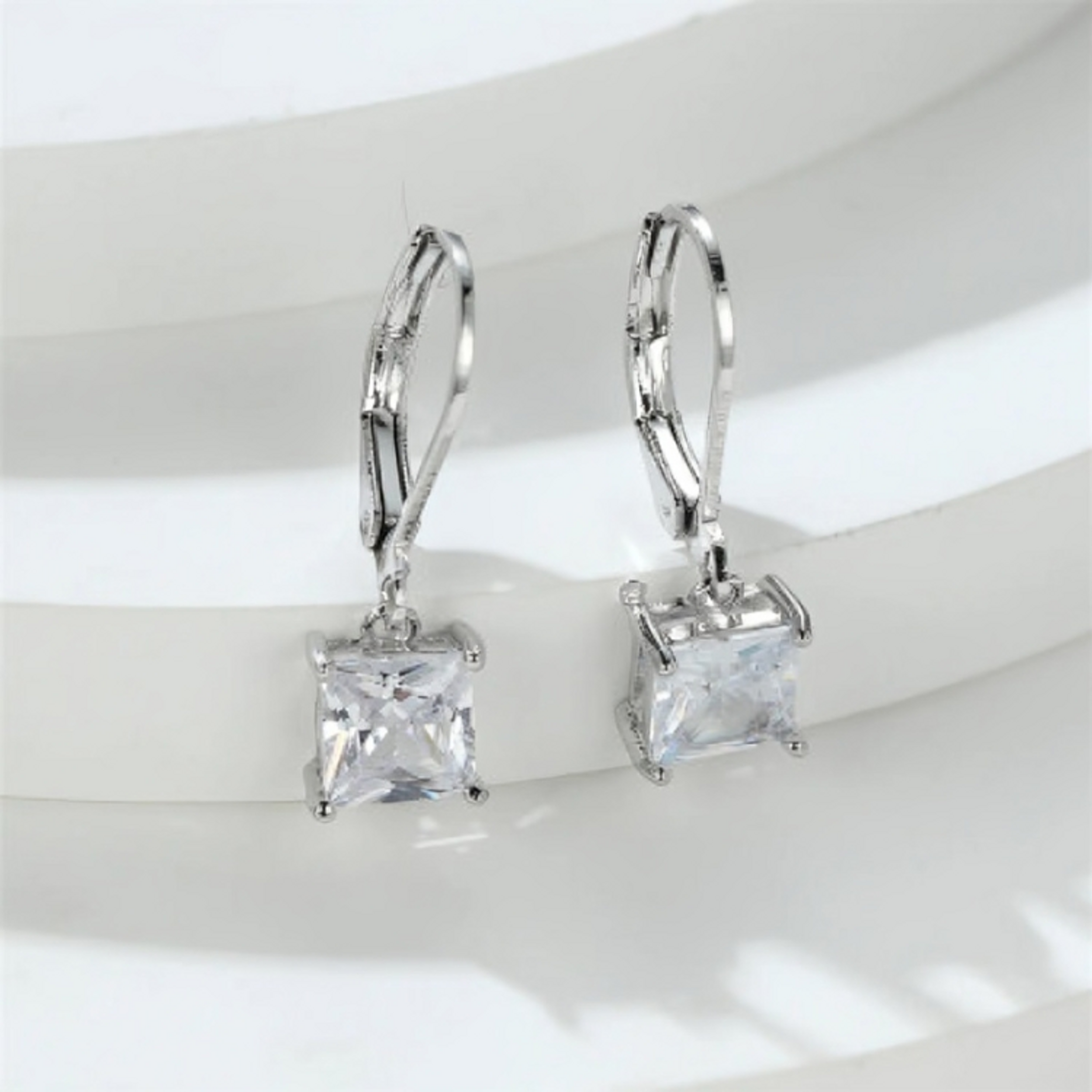 Earrings - 925 Sterling Silver Princess Cut 5A Cubic Zirconia Dangle Earring – Hypoallergenic Leverback Dangling Earring for Women (7mm)