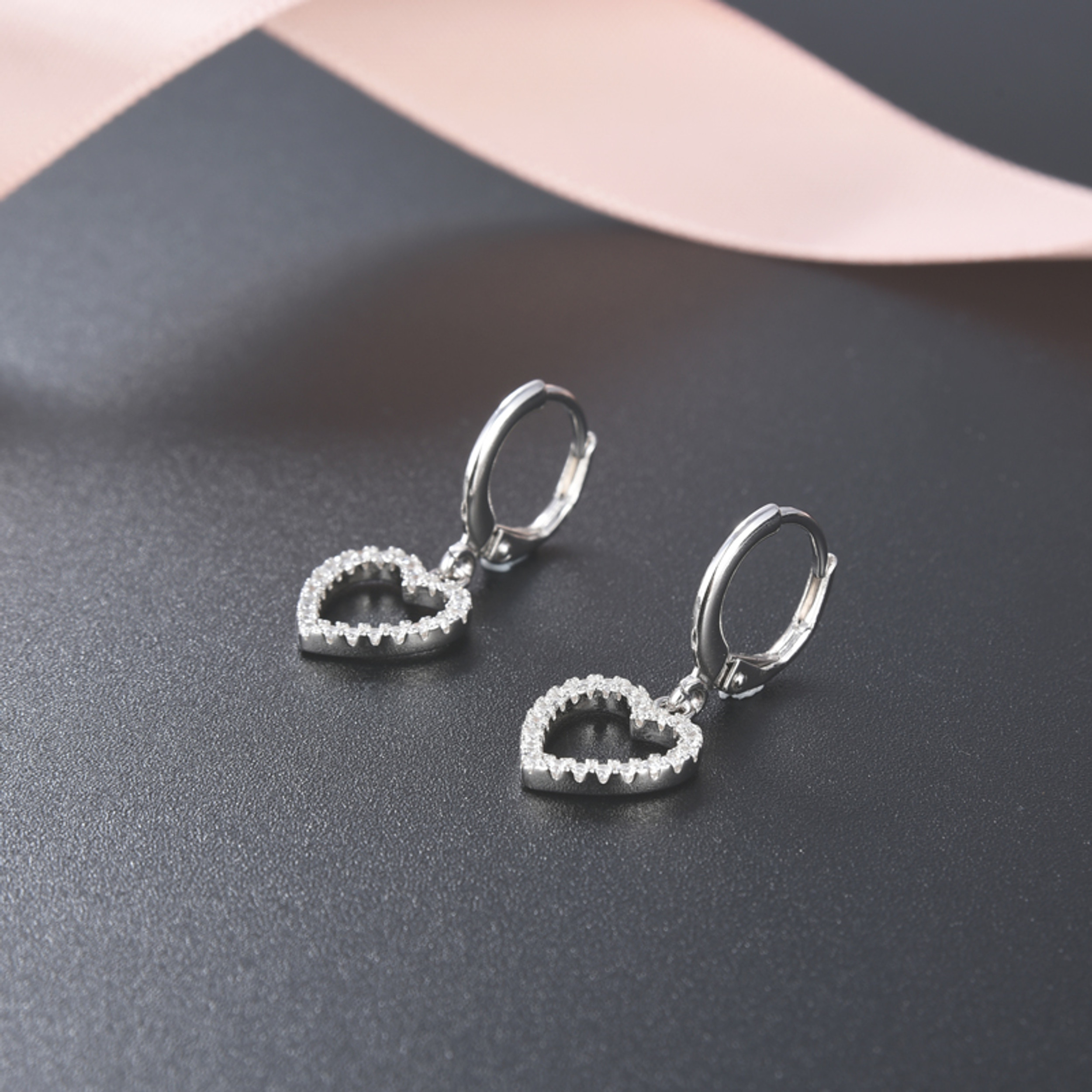Earrings - 925 Sterling Silver Open Heart Cubic Zirconia Dangle Earring – Leverback Sparkling Hypoallergenic Earring for Women