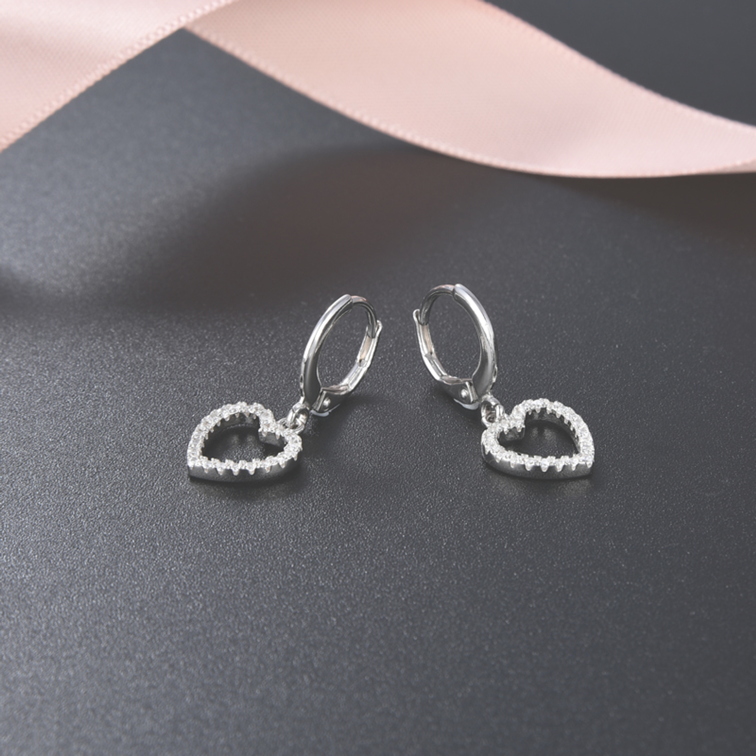 Earrings - 925 Sterling Silver Open Heart Cubic Zirconia Dangle Earring – Leverback Sparkling Hypoallergenic Earring for Women