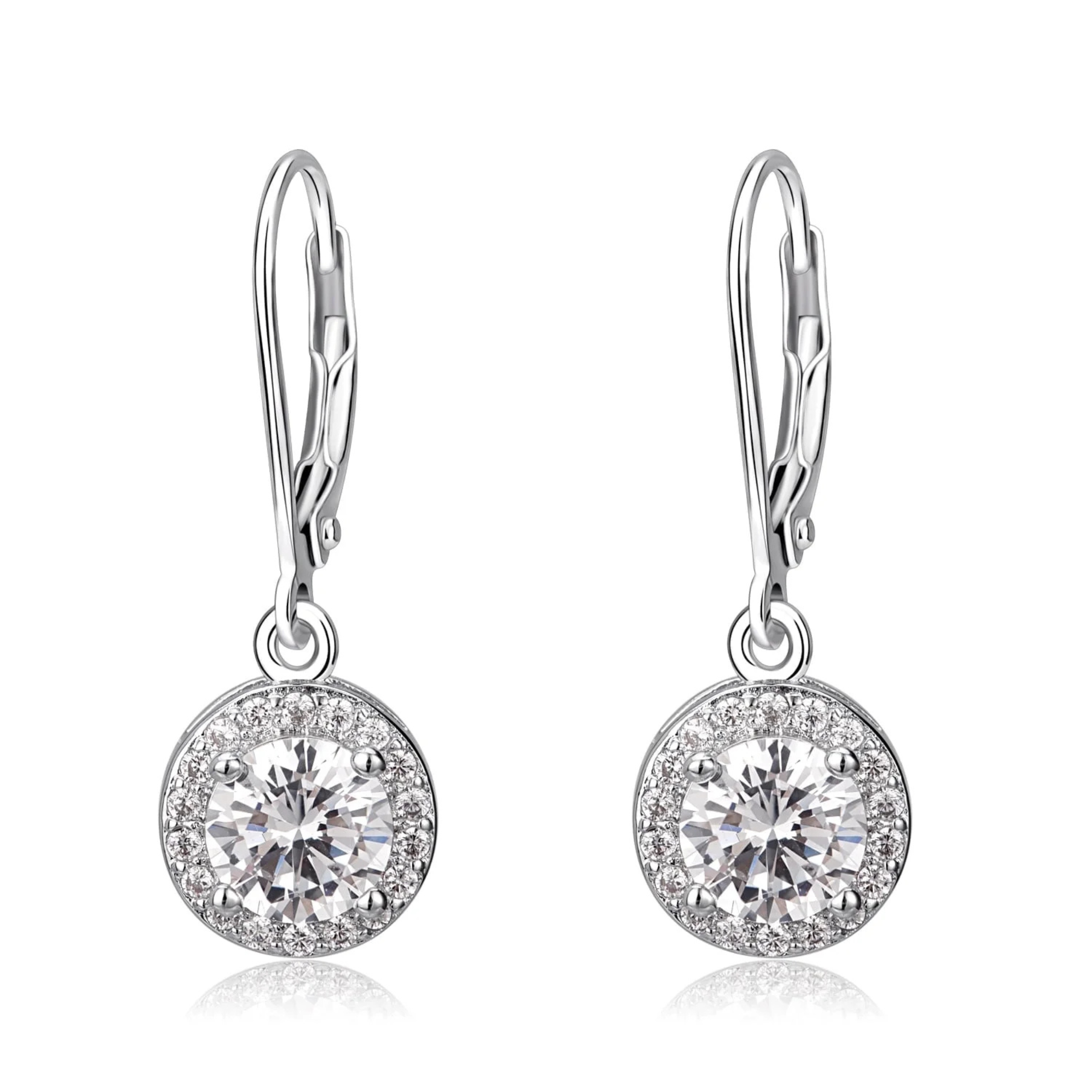 Earrings - 925 Sterling Silver Round Halo Cubic Zirconia Dangle Earring – Leverback Sparkling Hypoallergenic Earring for Women