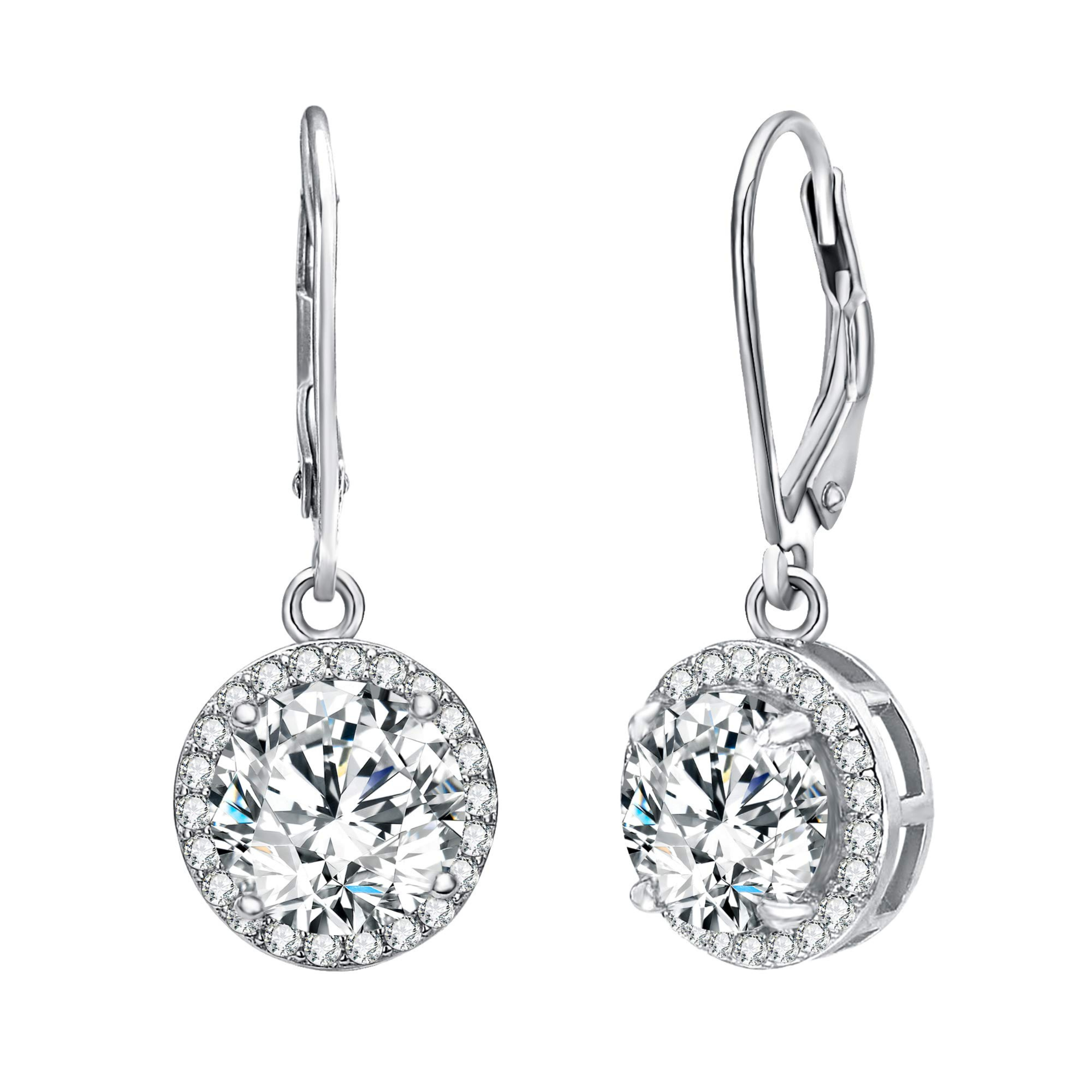 Earrings - 925 Sterling Silver Round Halo Cubic Zirconia Dangle Earring – Leverback Sparkling Hypoallergenic Earring for Women