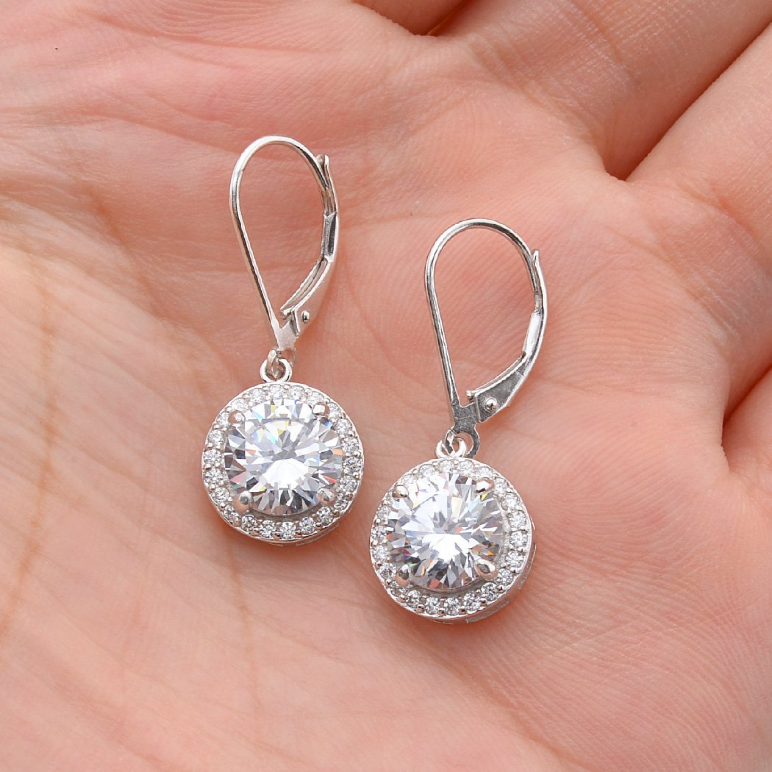 Earrings - 925 Sterling Silver Round Halo Cubic Zirconia Dangle Earring – Leverback Sparkling Hypoallergenic Earring for Women