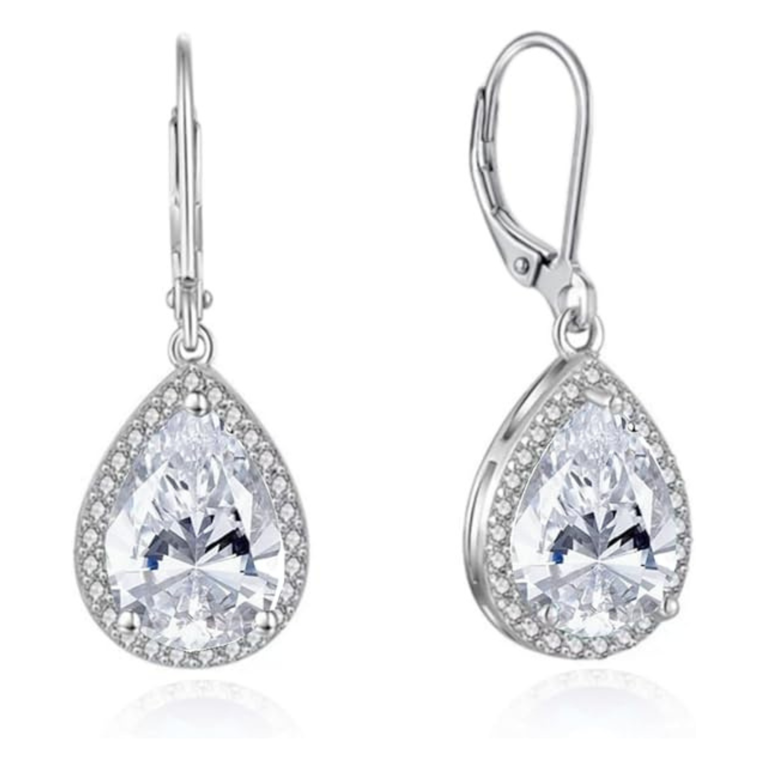 Earrings - 925 Sterling Silver Teardrop Halo Cubic Zirconia Dangle Earring – Leverback Sparkling Hypoallergenic Earring for Women
