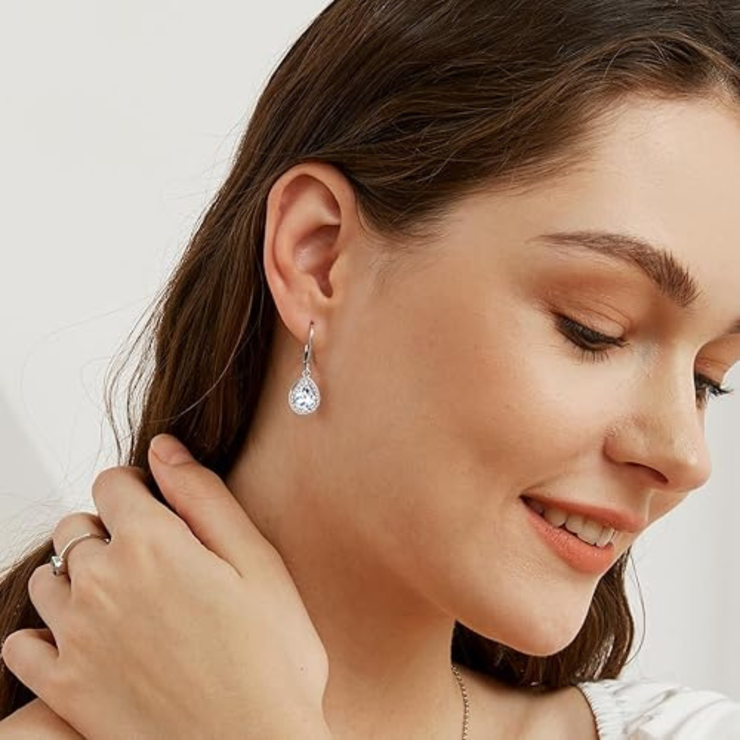 Earrings - 925 Sterling Silver Teardrop Halo Cubic Zirconia Dangle Earring – Leverback Sparkling Hypoallergenic Earring for Women
