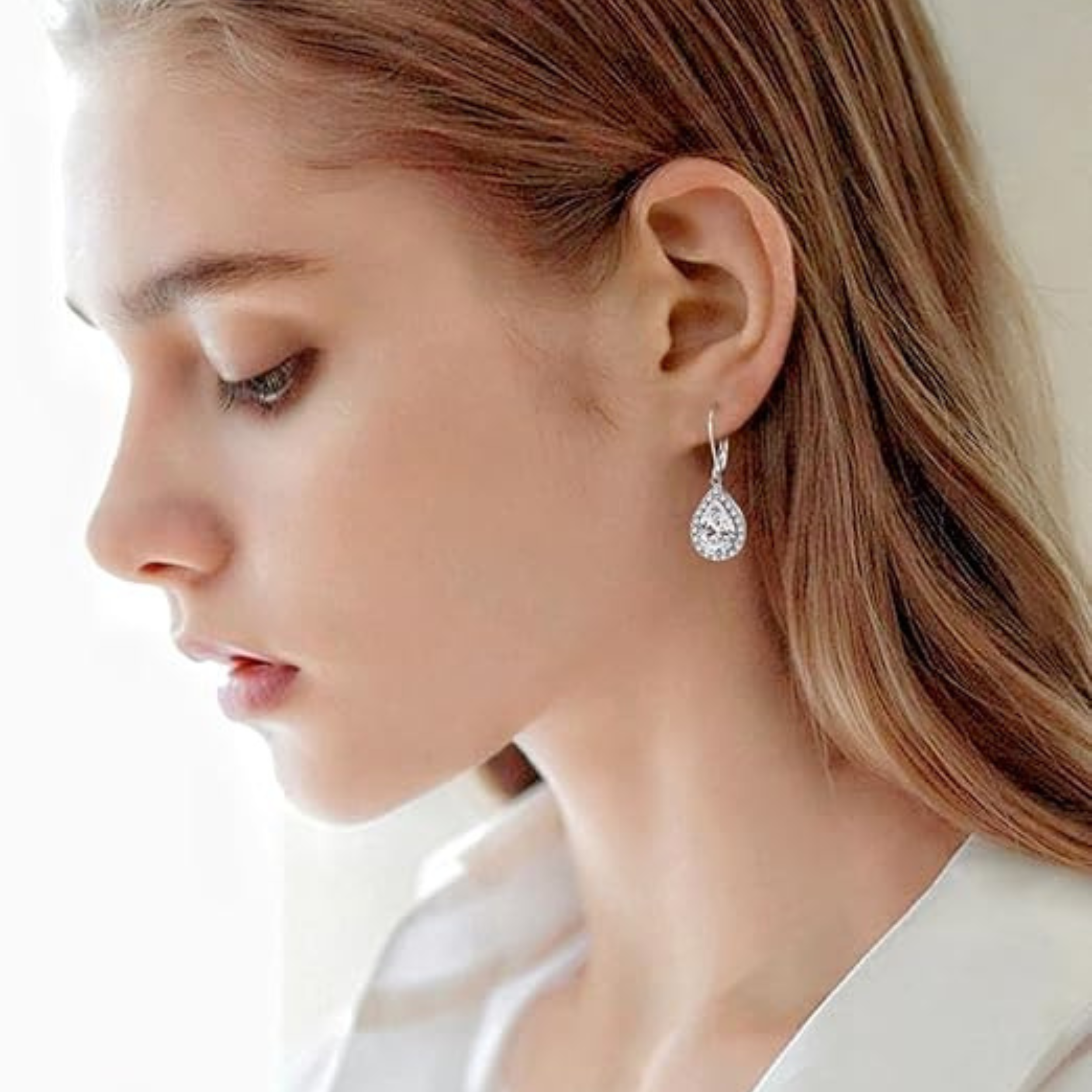 Earrings - 925 Sterling Silver Teardrop Halo Cubic Zirconia Dangle Earring – Leverback Sparkling Hypoallergenic Earring for Women