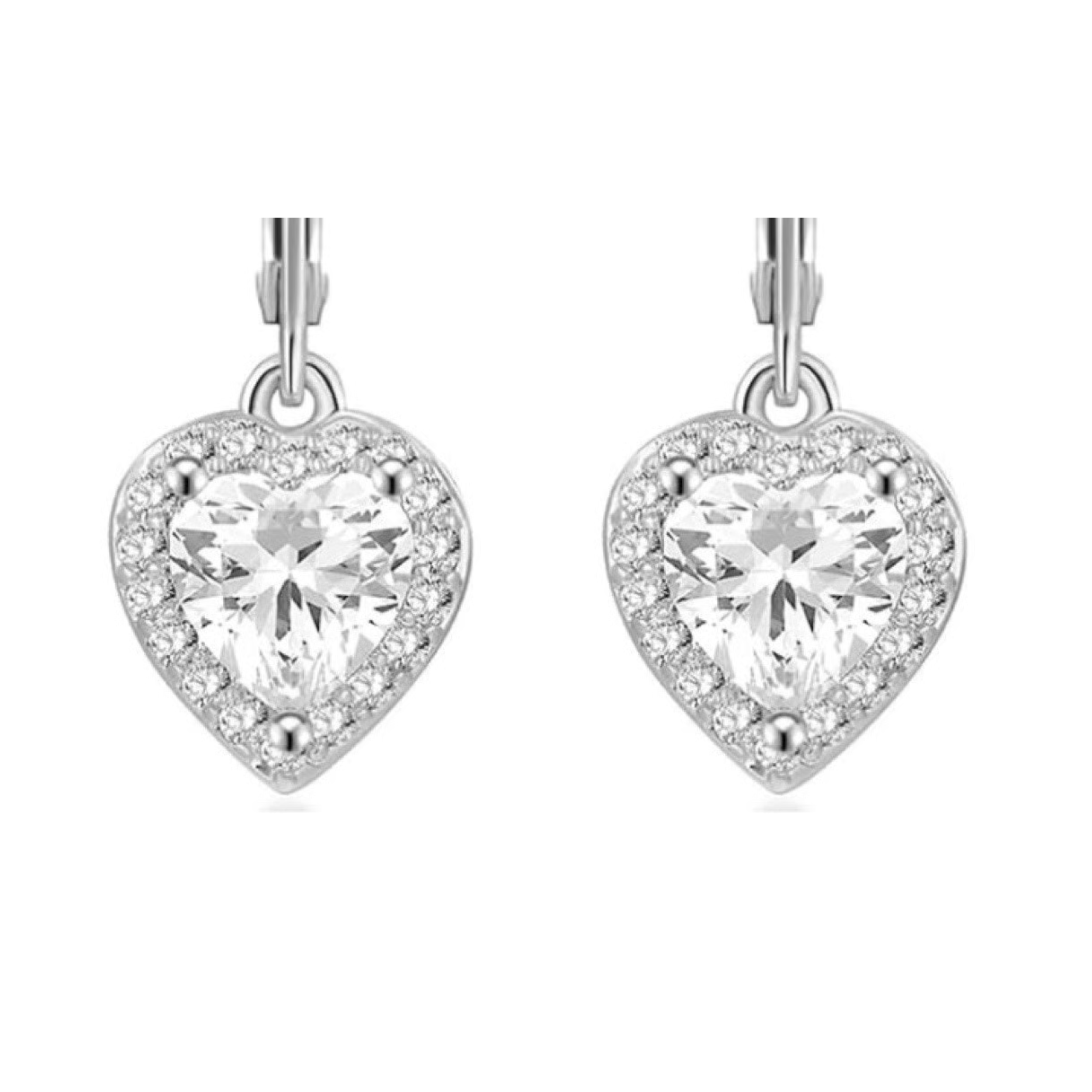 Earrings - 925 Sterling Silver Heart Halo Cubic Zirconia Dangle Earring – Leverback Sparkling Hypoallergenic Earring for Women