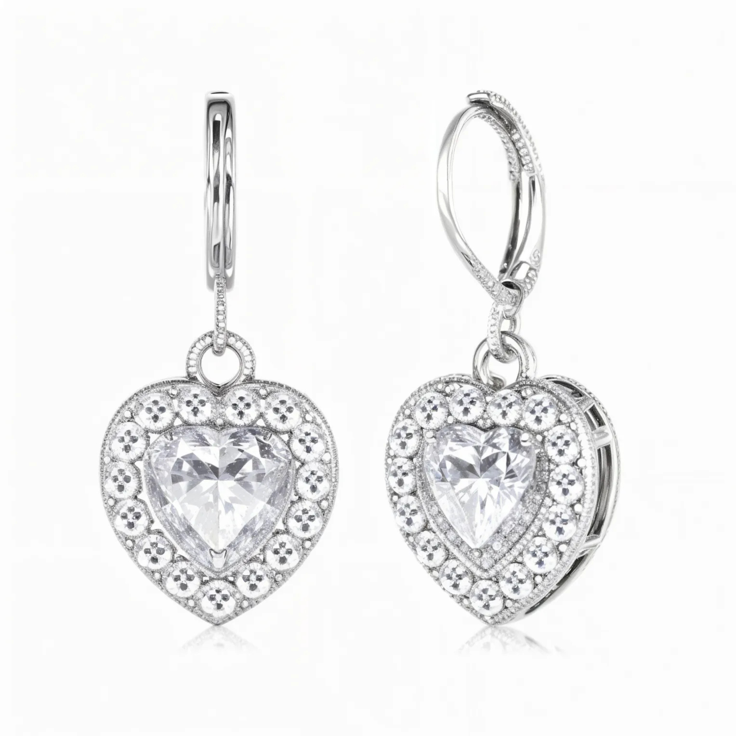 Earrings - 925 Sterling Silver Heart Halo Cubic Zirconia Dangle Earring – Leverback Sparkling Hypoallergenic Earring for Women